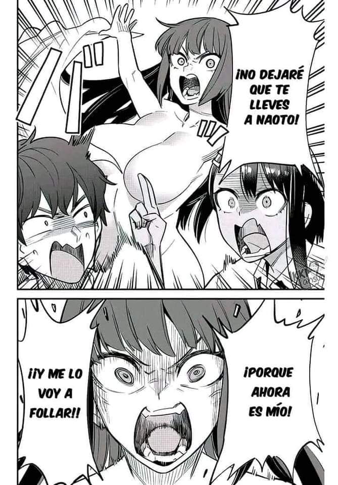 1boy, 2girls, 774 (nanashi), annoyed, big breasts, black hair, breasts, comic, comic page, embarrassed, female, female focus, hayase nagatoro, long hair, looking at viewer, male, manga, monochrome, naoto hachioji (senpai), nude, nude female, please don't bully me, nagatoro, president (nagatoro), sana sunomiya, short hair, simple background, spanish text, text, undressing, white hair