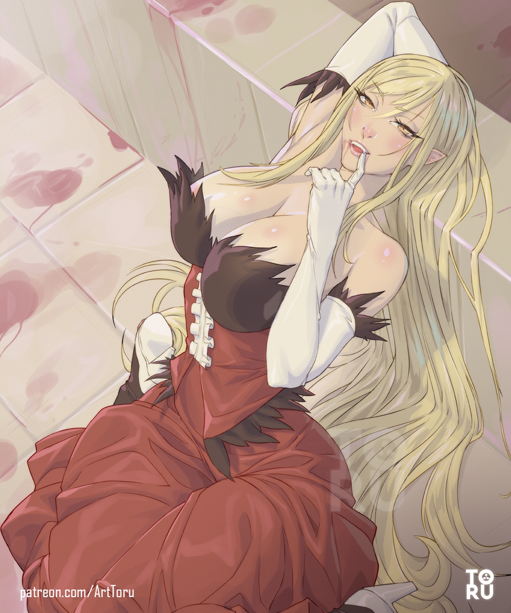 1girls arttoru bakemonogatari big_breasts blonde blonde_hair curvaceous curvy_body curvy_female curvy_figure elf_ears female_focus female_only kiss-shot_acerola-orion_heart-under-blade kizumonogatari light-skinned_female long_hair milf monogatari_(series) oshino_shinobu pale-skinned_female pointy_ears solo solo_female solo_focus tagme vampire_girl voluptuous