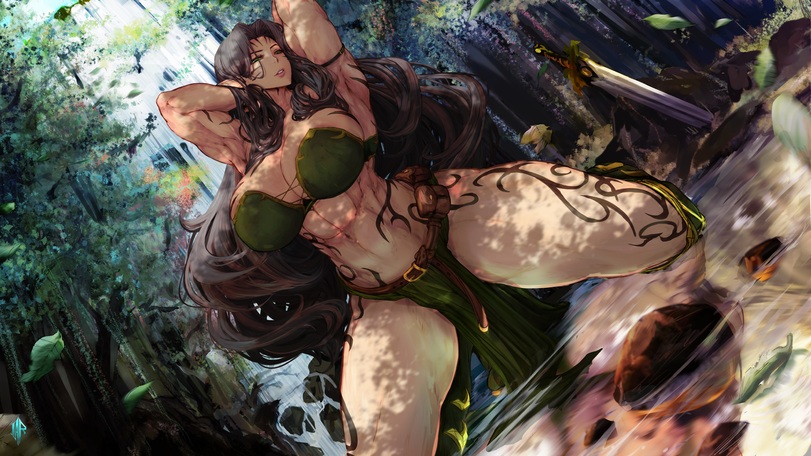 1girls, abs, big breasts, breasts, child bearing hips, elf, elf ears, female, female only, ikeartrellatab, muscular, muscular female, solo, solo female, tattoos, thick thighs, warhammer (franchise), warhammer fantasy, wood elf, wood elf (warhammer), yrlen