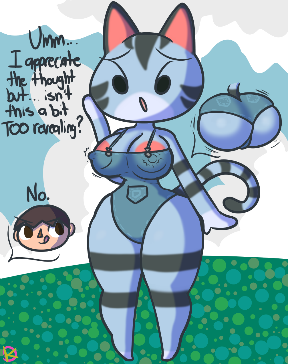 2022, animal crossing, ass, breasts, bubble ass, bubble butt, cleavage, embarrassed, female, hourglass figure, klutzatdusk, lolly (animal crossing), meme, meme clothing, nintendo, nipple bulge, nipple slip, nipples, nipples visible through clothing, skimpy, thick thighs, thighs, tight clothing, villager (animal crossing), wide hips