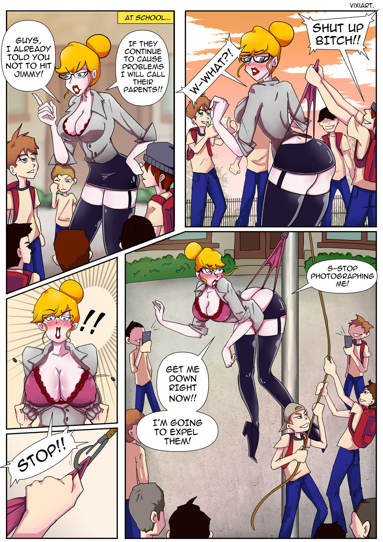 9boys, bra, bullying, female, flagpole, hanging wedgie, humiliated, male, public humiliation, ruined reputation, shirt open, teacher and student, thong, vixiart, wedgie