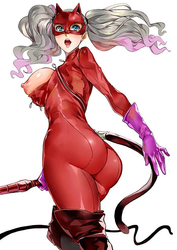 ann takamaki, ass, azukiko, blonde hair, blue eyes, bodysuit, breasts, clothing, eyewear, female, human, large breasts, latex, nipples, pale skin, persona, persona 5, phantom thief suit, skin tight, tight clothing, twintails, weapon, whip