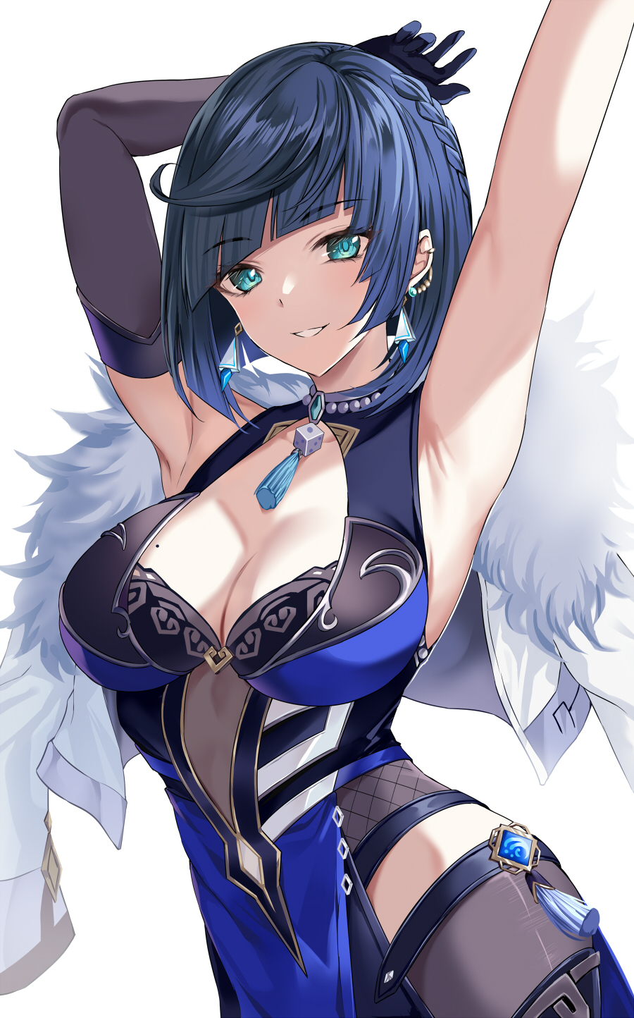 armpits, blue eyes, blue hair, dress, female, genshin impact, harimoji, short hair, smile, yelan (genshin impact)