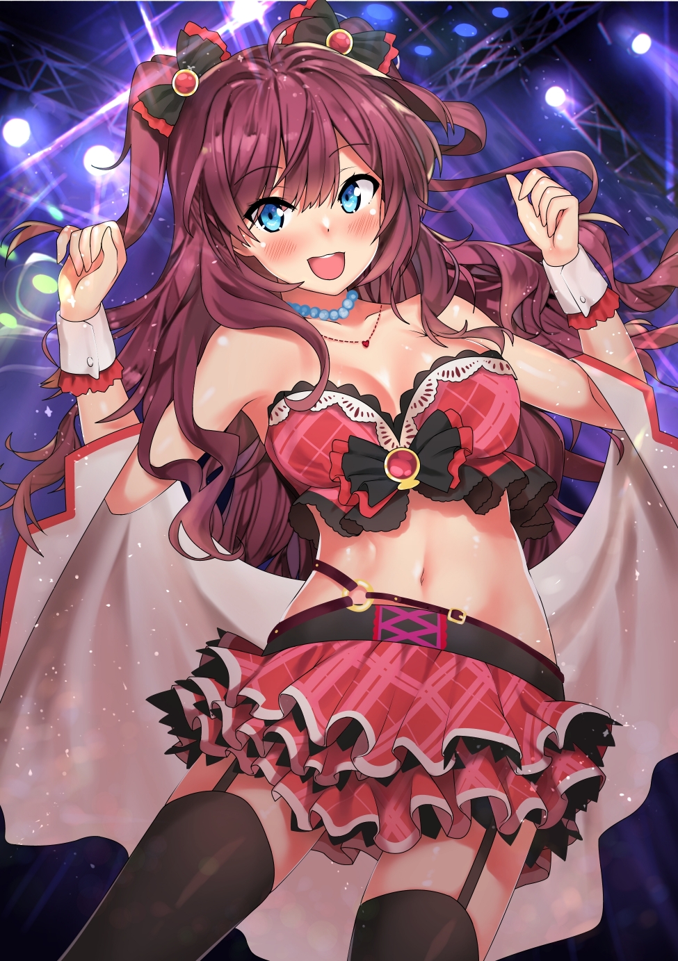 10s bad_id bad_pixiv_id blue_eyes blush bow breasts brown_hair cleavage female game_cg hairbow highres ichinose_shiki idolmaster idolmaster_cinderella_girls kawai_(purplrpouni) large_breasts long_hair looking_at_viewer navel open_mouth smile solo thighhighs two_side_up wrist_cuffs