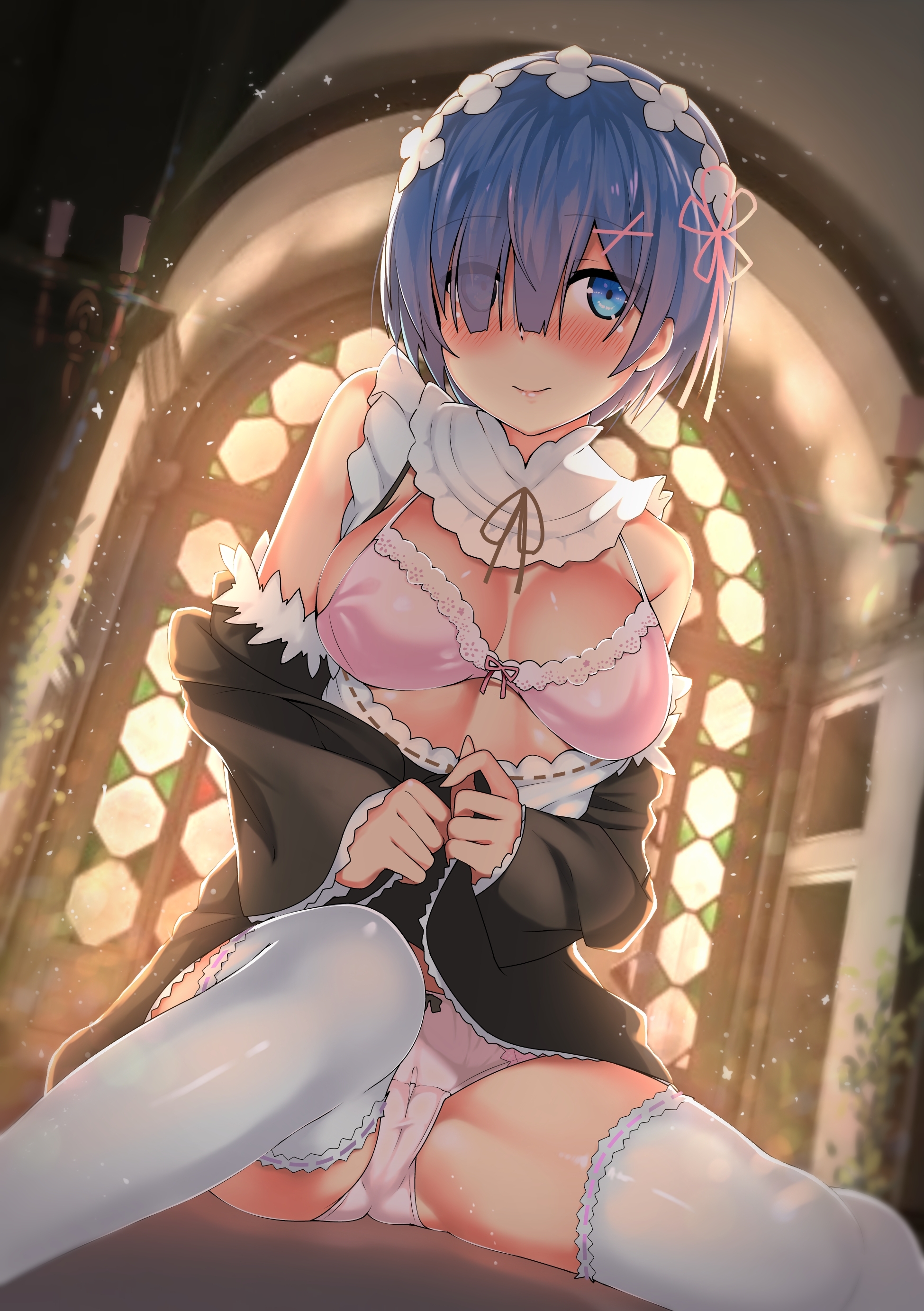 10s, 1girls, absurdres, blue eyes, blue hair, blurry, blush, bra, breasts, cleft of venus, clothes lift, depth of field, detached sleeves, dress, dress lift, eyebrows, eyes visible through hair, female, frilled sleeves, frills, hair ornament, hair over one eye, highres, kawai (purplrpouni), large breasts, maid, maid headdress, maid uniform, off shoulder, panties, pink bra, pink panties, pink ribbon, re:zero kara hajimeru isekai seikatsu, rem (re:zero), ribbon, ribbon trim, ribbon-trimmed clothes, roswaal mansion maid uniform, sitting, solo, teenage female, teenager, thighhighs, underwear, white thighhighs, x hair ornament