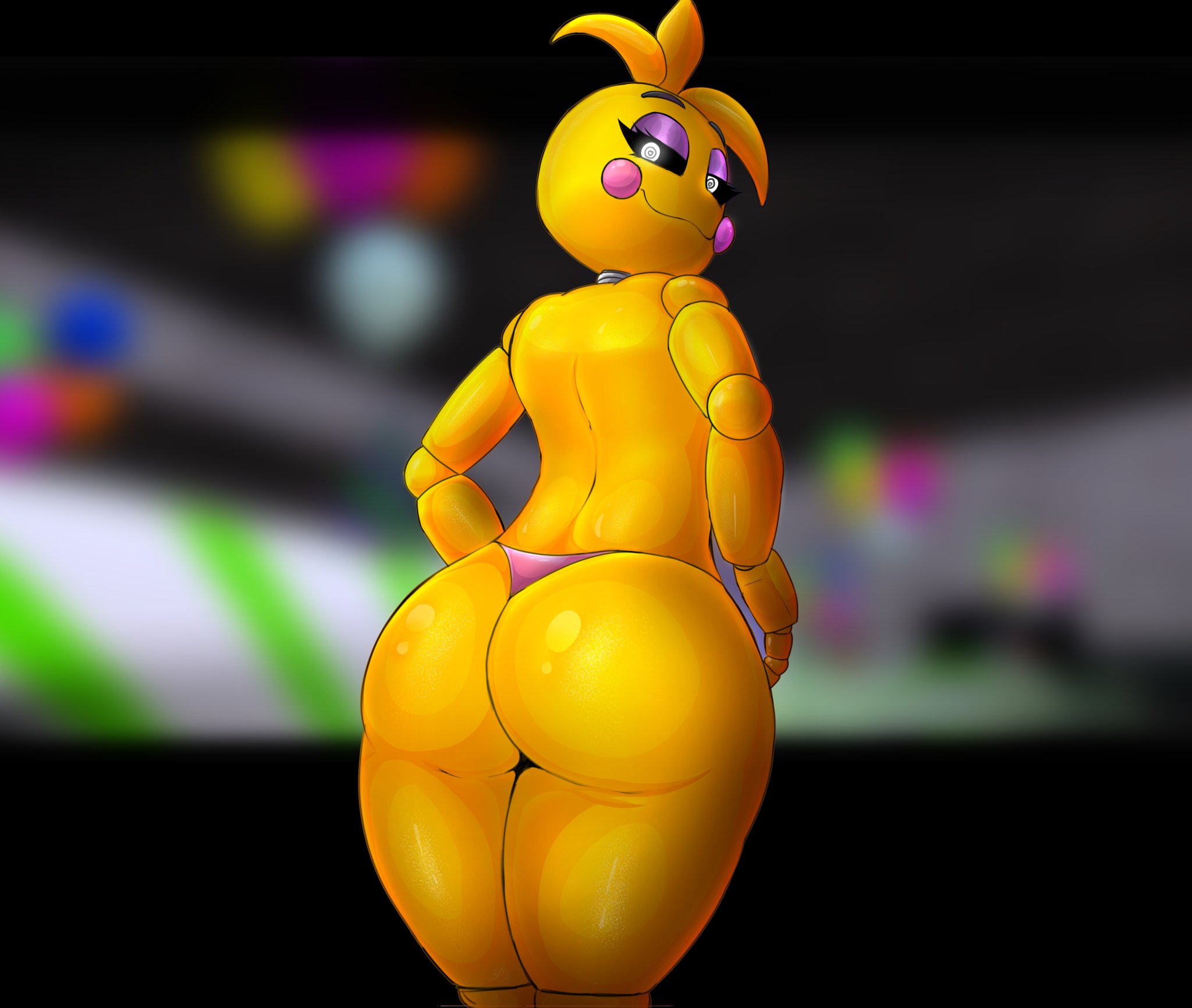 1girls, animatronic, anthro, anthro only, anthrofied, ass, ass focus, ass shot, ass up, big ass, big thighs, bikini, bubble ass, eyelashes, female, female focus, female only, five nights at freddy's, five nights at freddy's 2, half-closed eyes, looking at viewer, ls, machine, mammal, presenting, presenting ass, robot, semi-nudity, showing, showing ass, smile, smiling, smiling at viewer, solo, standing, thick ass, thick thighs, toy chica (fnaf), white eyes, wide hips