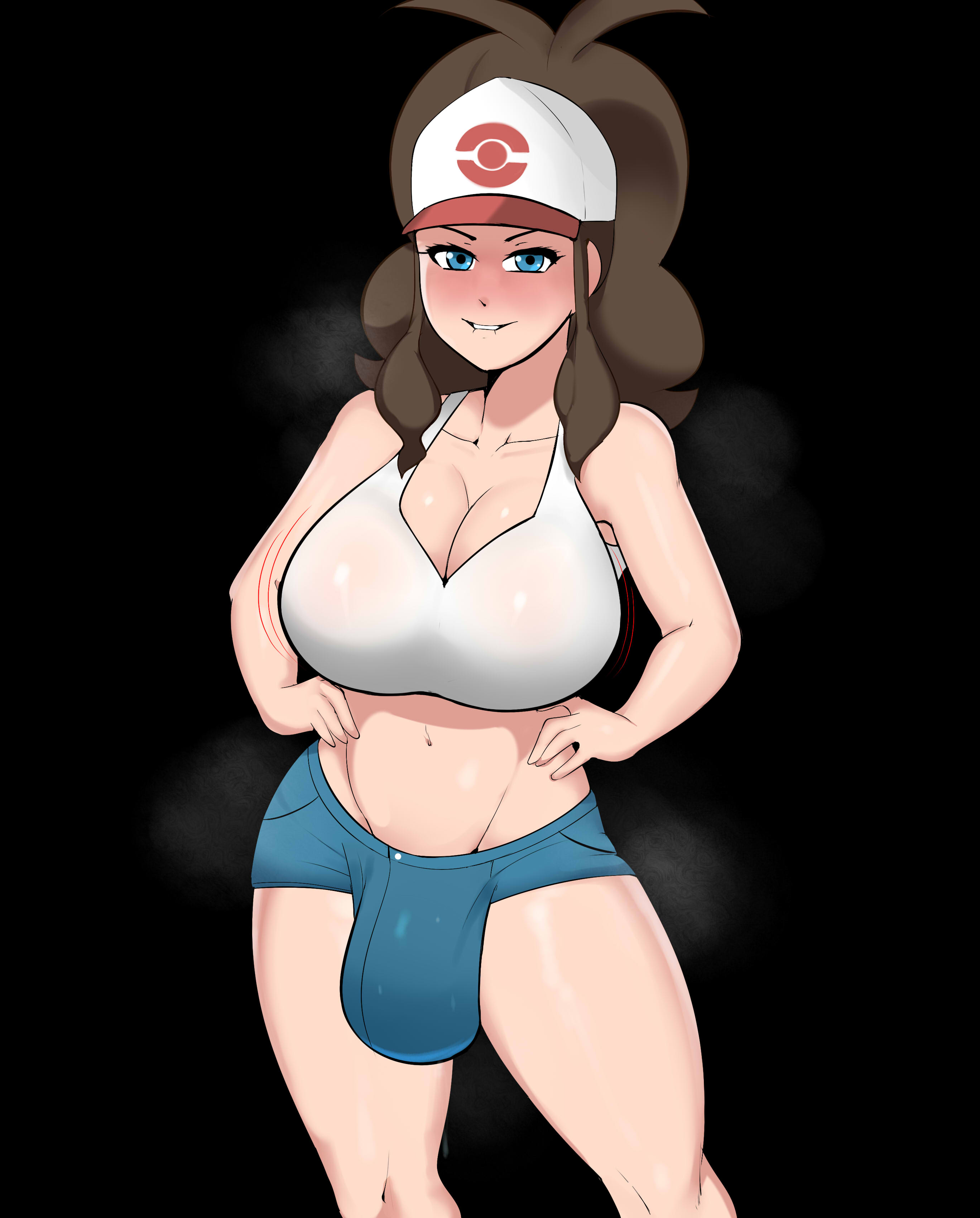 1futa, balls, big breasts, black background, blue eyes, blush, breasts, bulge, clothed, clothing, eye contact, flaccid, fully clothed, futa only, futanari, g3mma, game freak, hat, hilda (pokemon), human, intersex, light skin, light-skinned futa, looking at viewer, minishorts, nintendo, penis, penis bulge, pokemon, pokemon (game), pokemon bw, ponytail, shorts, smile, solo, solo futa, standing, sweat, sweaty balls, thick thighs, thighs