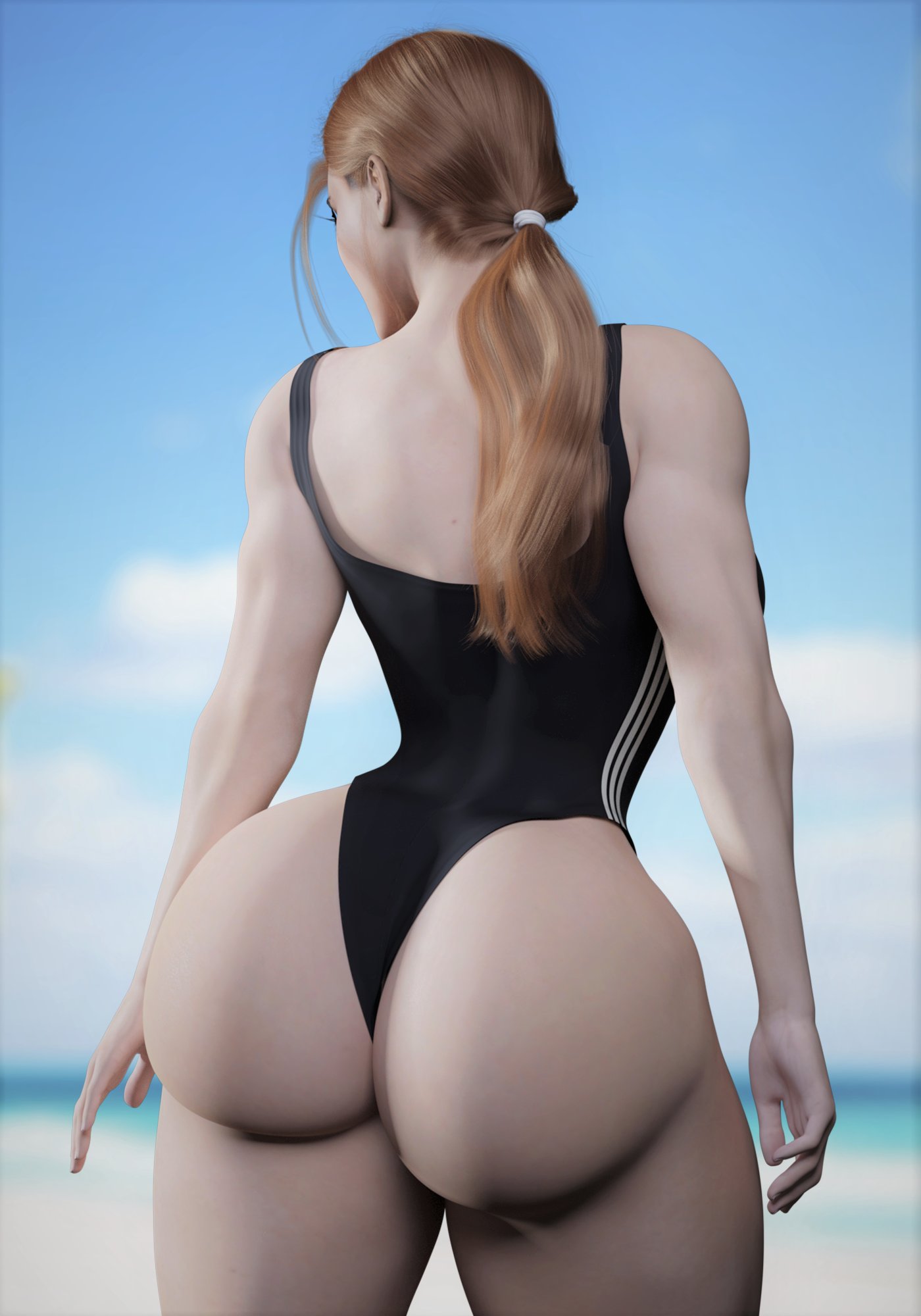 3d, abs, ass, audrix, big ass, big breasts, blizzard entertainment, breasts, brigitte, female, muscular, muscular female, one-piece swimsuit, overwatch, red hair, swimsuit, tagme, thick thighs