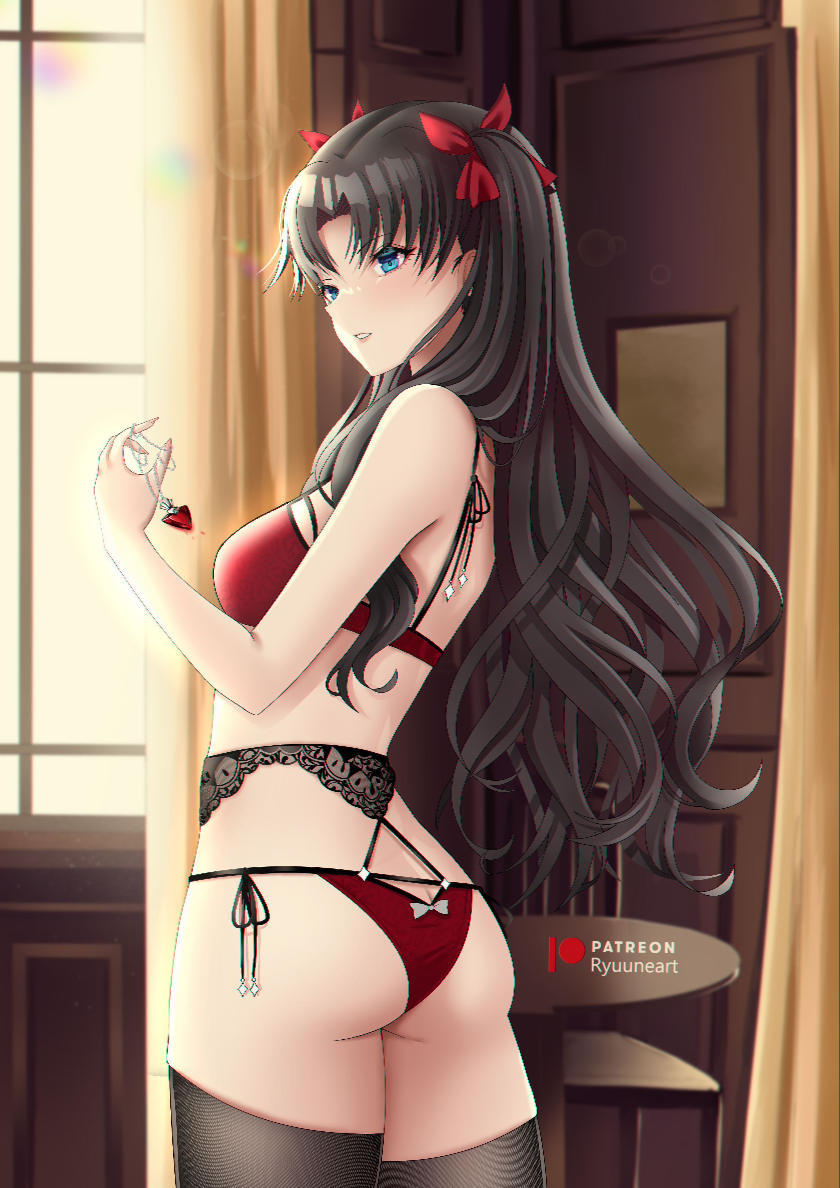 1girls, ass, big breasts, black hair, blue eyes, bow, breasts, dark hair, fate (series), fate/stay night, female, hair bow, hi res, large breasts, legwear, light skin, light-skinned female, lingerie, long hair, medium breasts, patreon username, ryuuneart, solo, stockings, thighhighs, thighs, tohsaka rin, underwear