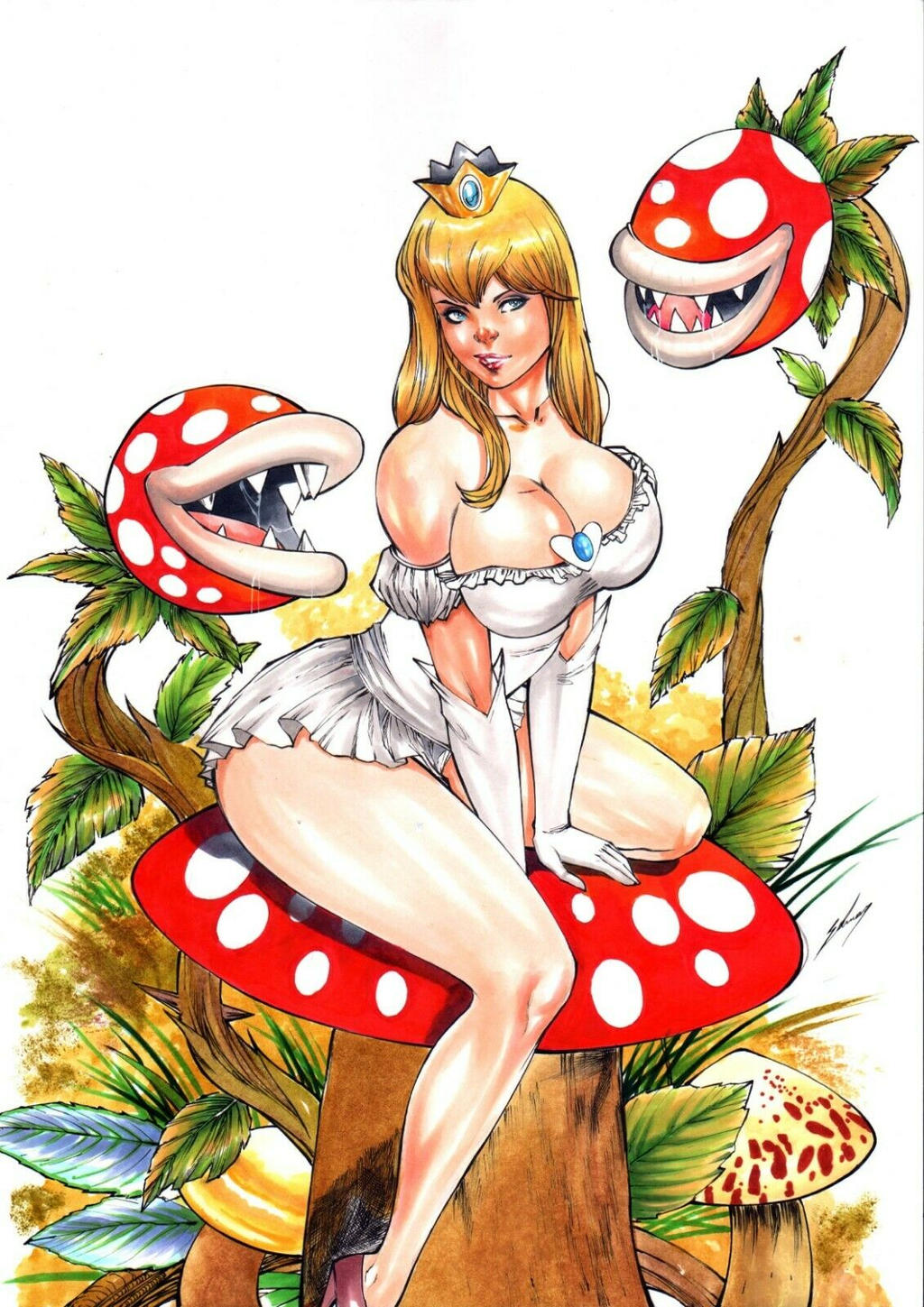 1girls blonde_hair bulging_breasts busty cleavage curvaceous curvy_body curvy_female curvy_figure ed_benes_studio ednardo_ferreira golden_crown long_hair looking_at_viewer mario_(series) mushroom nintendo princess_peach seductive_eyes seductive_look solo_female super_mario_bros. tagme traditional_media_(artwork) voluptuous voluptuous_female