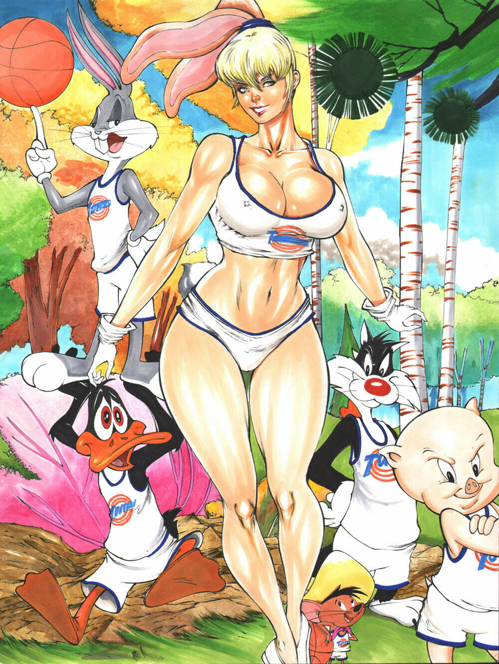 1girls big_breasts blonde_hair bugs_bunny bulge_through_clothing bulging_breasts bunny_ears cleavage curvaceous curvy_body curvy_figure daffy_duck ed_benes_studio ednardo_ferreira erect_nipples humanized lola_bunny looking_at_viewer looney_tunes nipple_bulge nipples ponytail porky_pig space_jam straight_hair sylvester voluptuous_female warner_brothers white_thong_panties