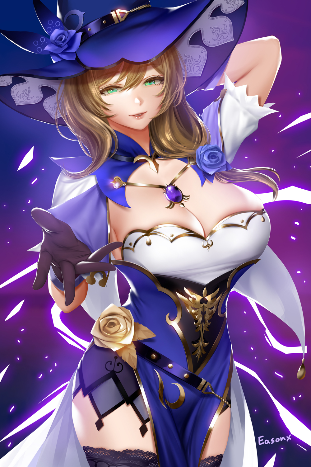 1girls, big breasts, breasts, cleavage, dark skin, dark-skinned female, easonx, female, female only, genshin impact, lisa (genshin impact), solo