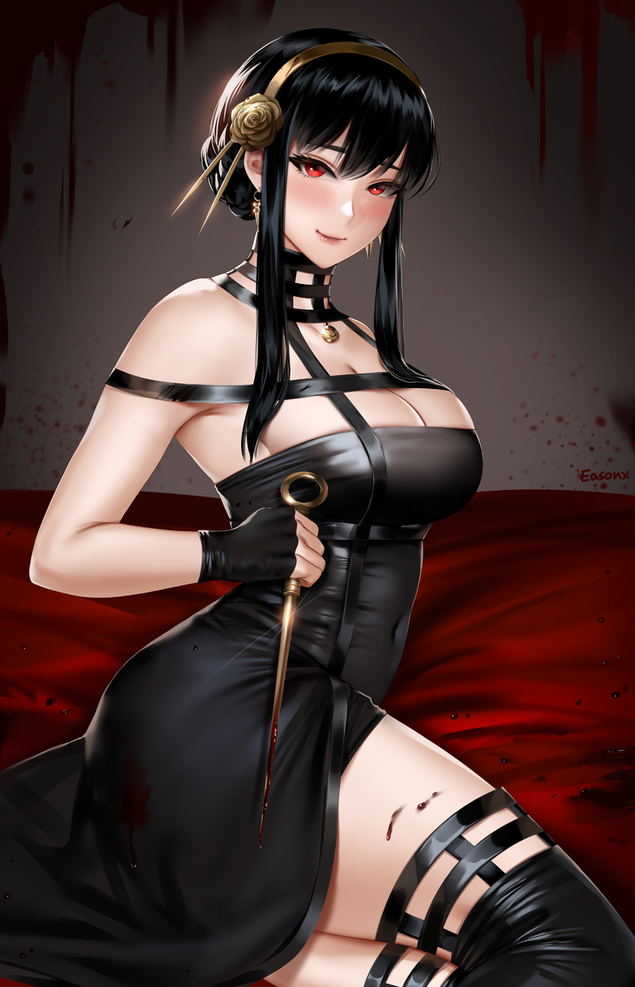 1girls, assassin, big breasts, black hair, breasts, cleavage, easonx, female, female human, female only, fit, fit female, human, light skin, light-skinned female, mature female, pale skin, pale-skinned female, red eyes, solo, spy x family, stiletto (weapon), thigh boots, thighhighs, thorn princess, yor briar, yor forger