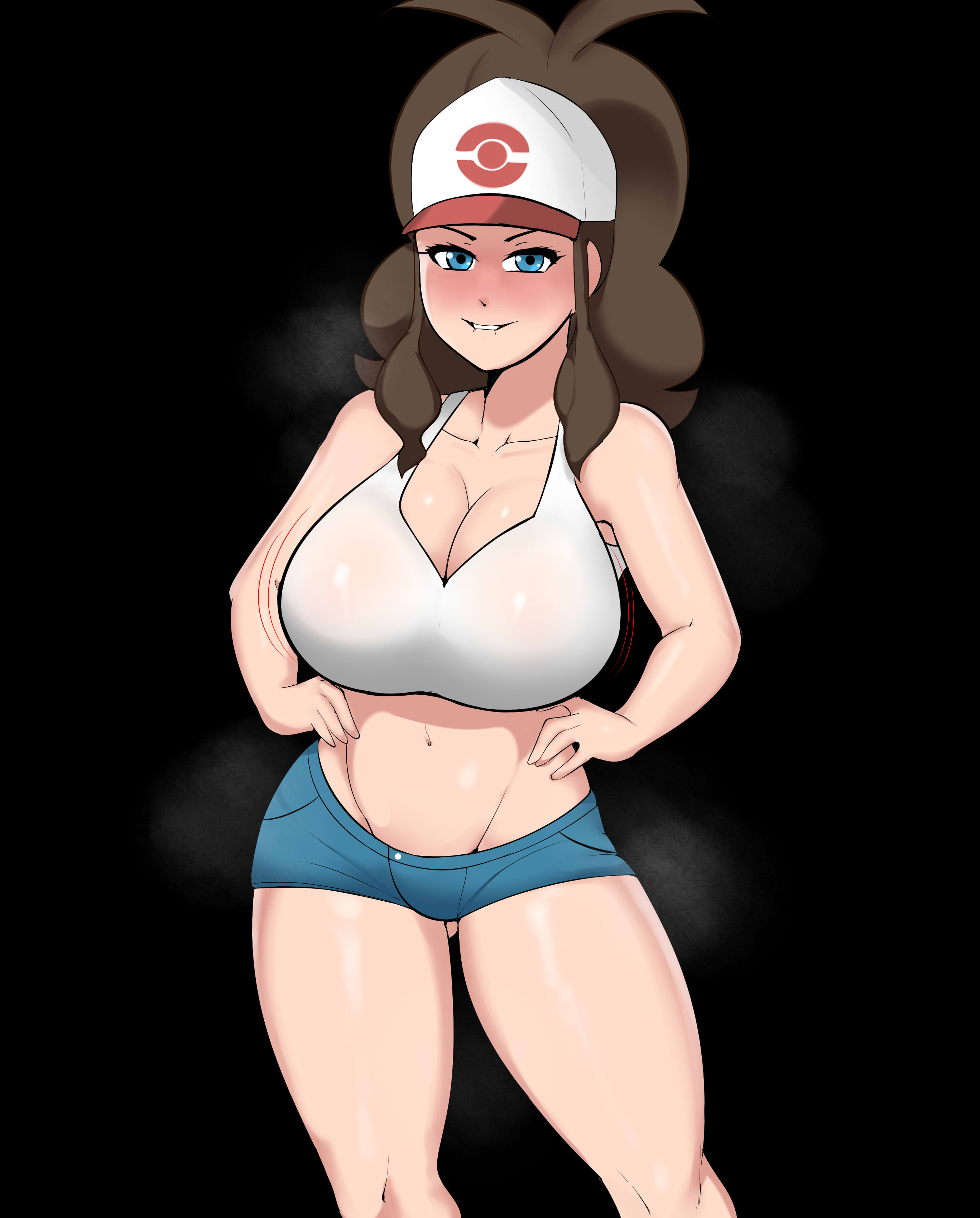 1girls, big breasts, black background, blue eyes, blush, breasts, busty, cleavage, eye contact, female, female focus, female only, fully clothed, g3mma, game freak, hands on hips, hat, hilda (pokemon), large breasts, lip biting, looking at viewer, midriff, minishorts, navel, nintendo, pokemon, pokemon (game), pokemon bw, ponytail, pose, posing, shorts, smile, solo, solo female, standing, tank top, thick thighs, thighs, toned, voluptuous