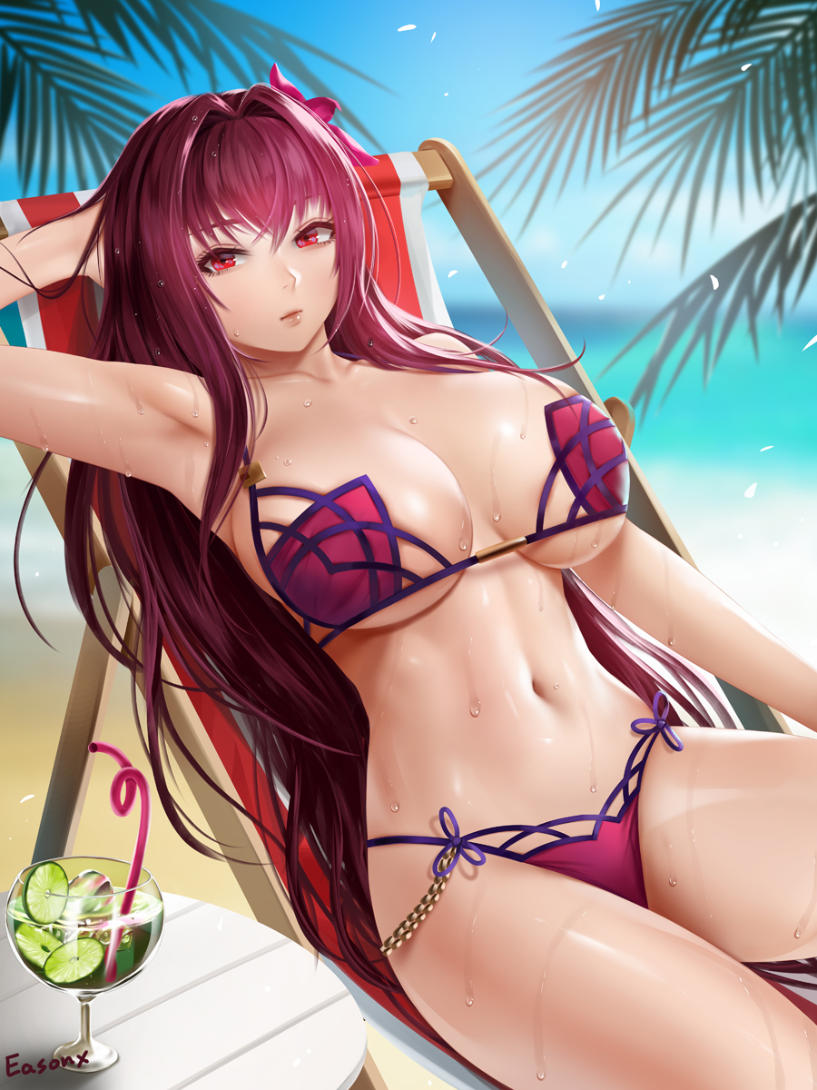 1girls, arm up, armpits, beach, big breasts, bikini, breasts, easonx, fate (series), fate/grand order, female, long hair, outdoors, scathach (fate), solo, sweat