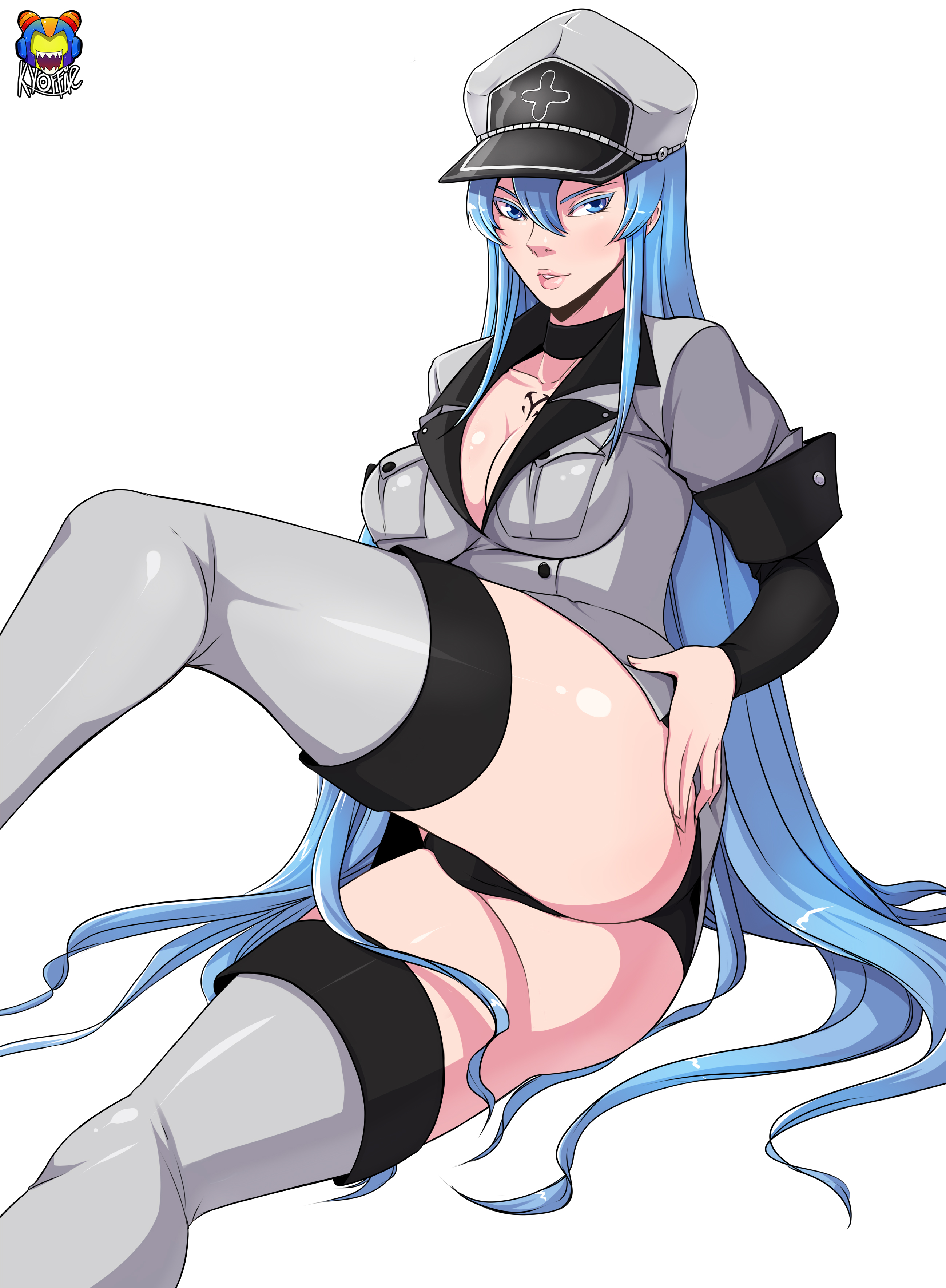 1girls, akame ga kill!, blue hair, blush, breasts, esdeath (akame ga kill!), female, female only, kyoffie, long hair, nipples, pussy, solo, tattoo, uncensored, very long hair