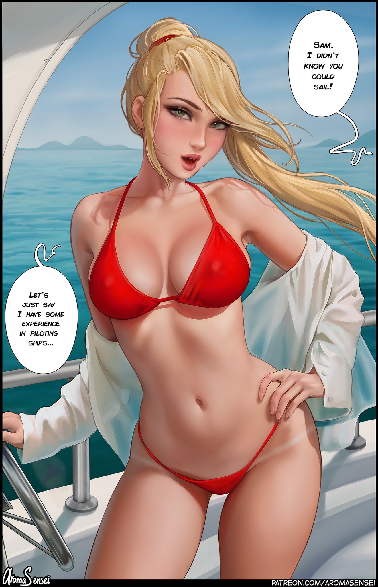 1girls, aroma sensei, beach, bikini, blonde hair, blue eyes, boat, breasts, erect nipples, female, female only, hi res, hips, huge breasts, long hair, metroid, nintendo, nipple bulge, nipples, outdoors, red bikini, samus aran, slim waist, thick thighs, thighs, water, wide hips
