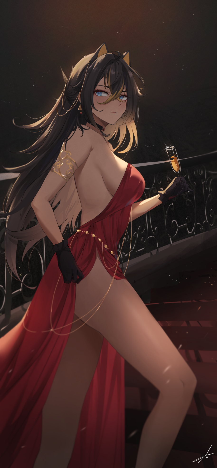 1girls, alcohol, alternate version available, animal ears, back, big breasts, black hair, blue eyes, breasts, dark hair, dark skin, dark-skinned female, dehya (genshin impact), dress, drink, elegant, elegant dress, feintheart721, female, female only, furry ears, genshin impact, gloves, holding drink, jewelry, large breasts, legs, long hair, red dress, tan skin, tanned skin, thick legs, thick thighs, thighs, wolf ears, wolf girl