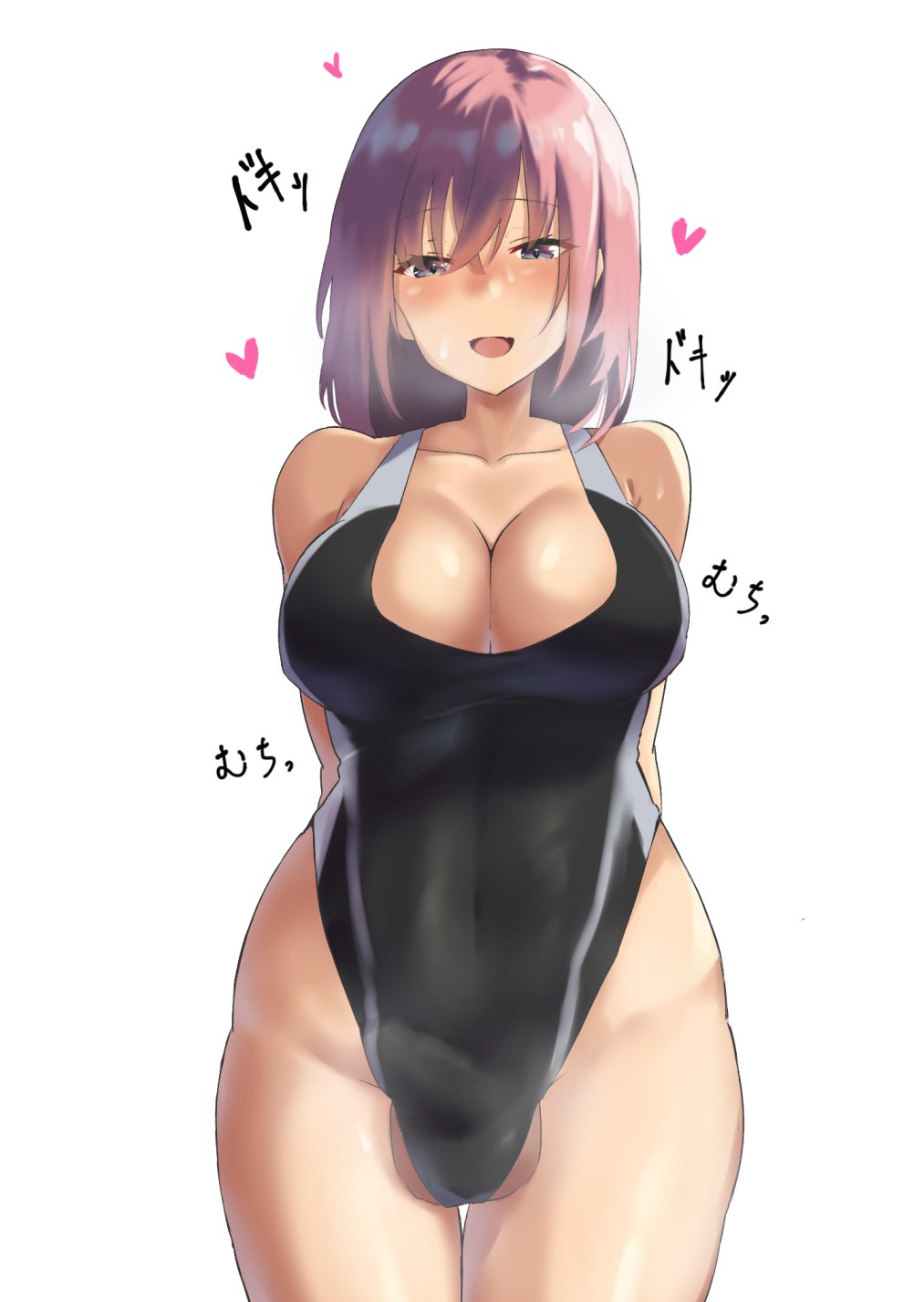 1futa, balls, big breasts, blush, breasts, bulge, bulge through clothing, clothed, clothing, cowboy shot, flaccid, front view, futa only, futanari, heart, human, intersex, light skin, light-skinned futa, medium hair, mostly clothed, open mouth, original, original character, penis, pink hair, smile, sn pota45, solo, standing, swimwear, wide hips