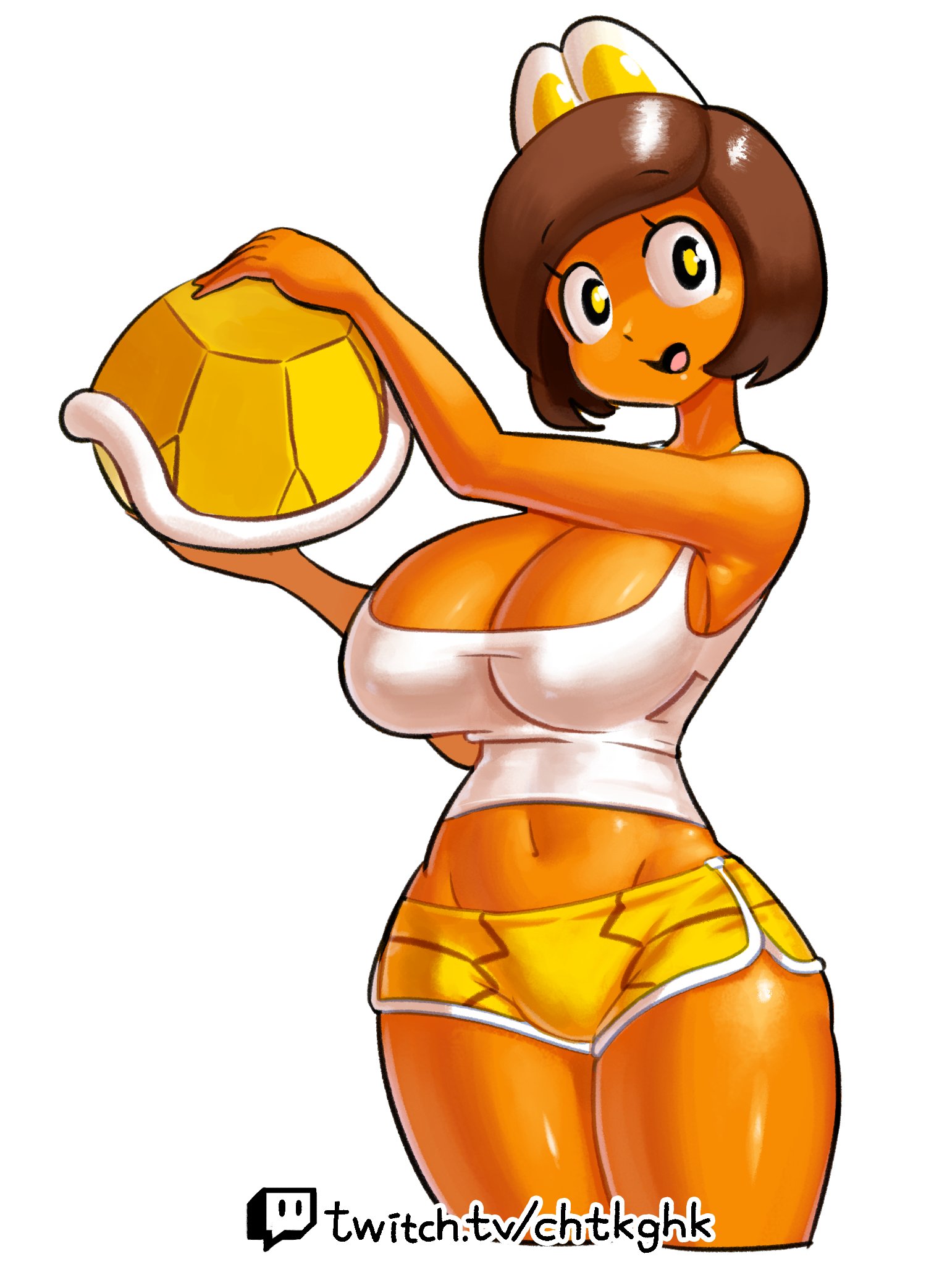 1girls, 2022, 4 eyes, absurd res, artist name, bare arms, bare shoulders, breasts, brown hair, cleavage, clothing, eyebrows visible through hair, female, female only, highres, holding object, koopa, koopa girl, large breasts, looking at viewer, mario (series), micro shorts, midriff, minus8, multi eye, navel, nintendo, open mouth, orange skin, shell, shirt, short hair, short shorts, shorts, simple background, sleeveless, sleeveless shirt, smile, solo, super mario world, tank top, thick thighs, thighs, tongue, url, watermark, white background, white shirt, yellow eyes