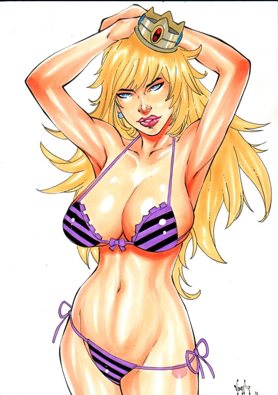 1girls big_breasts blonde_hair breasts bulging_breast bulging_breasts curvaceous curvy_body curvy_female curvy_figure ed_benes_studio female golden_crown long_hair mario_(series) milf nintendo pinup princess_peach solo thighs traditional_media_(artwork) upper_body vagner_fernandes violet_bikini violet_thong voluptuous voluptuous_female