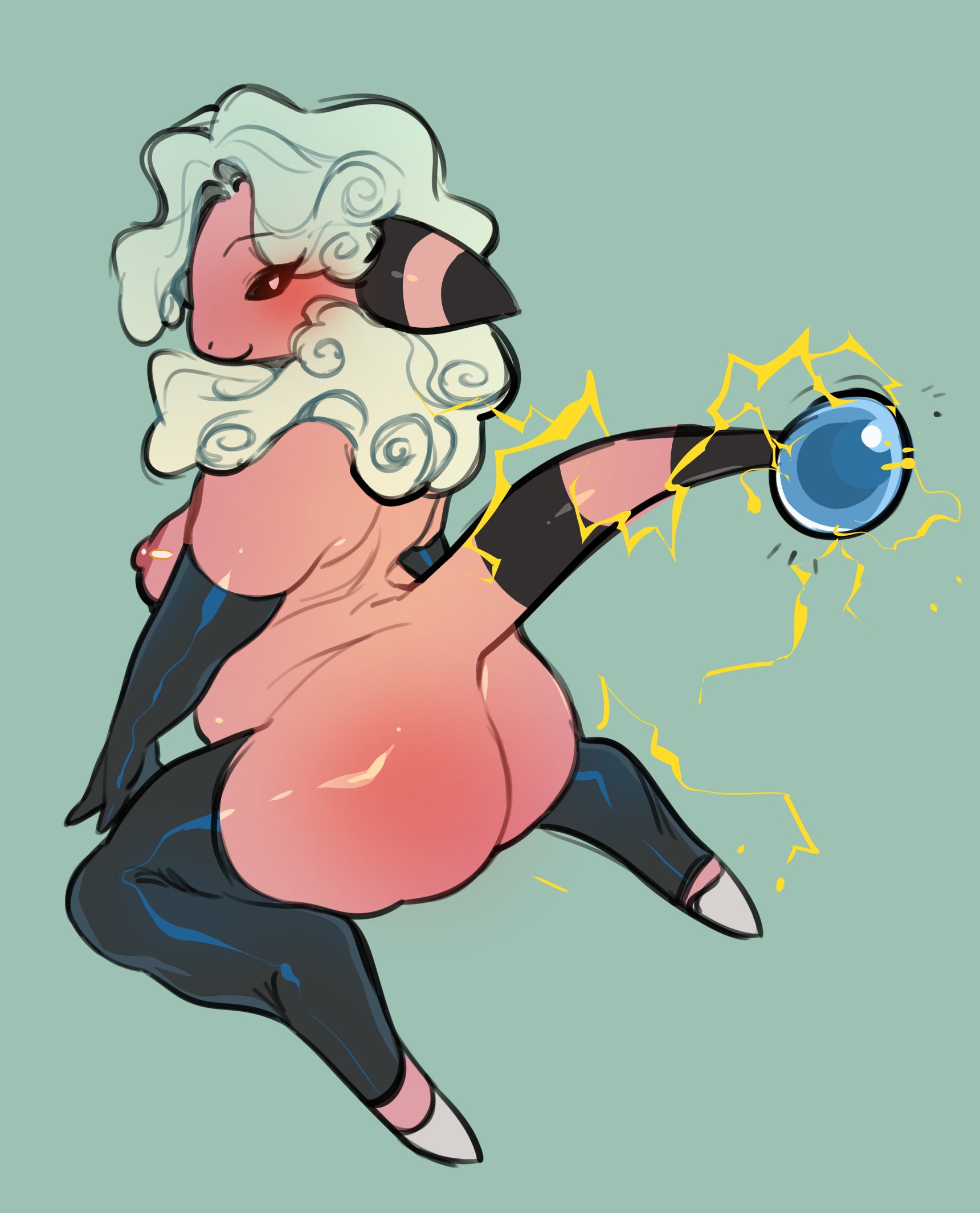 1girls, areolae, arm gloves, ass, back view, black sclera, blush, breasts, curly hair, electricity, female, female only, flaaffy, glacierclear, hi res, kneeling, legwear, looking at viewer, looking back, narrowed eyes, nintendo, nipples, nude, nude female, pink eyes, pokémon (species), pokemon, pokemon (species), pokemon only, pokemorph, simple background, slightly chubby, smile, smiling at viewer, solo, solo female, tail, toeless legwear, white hair