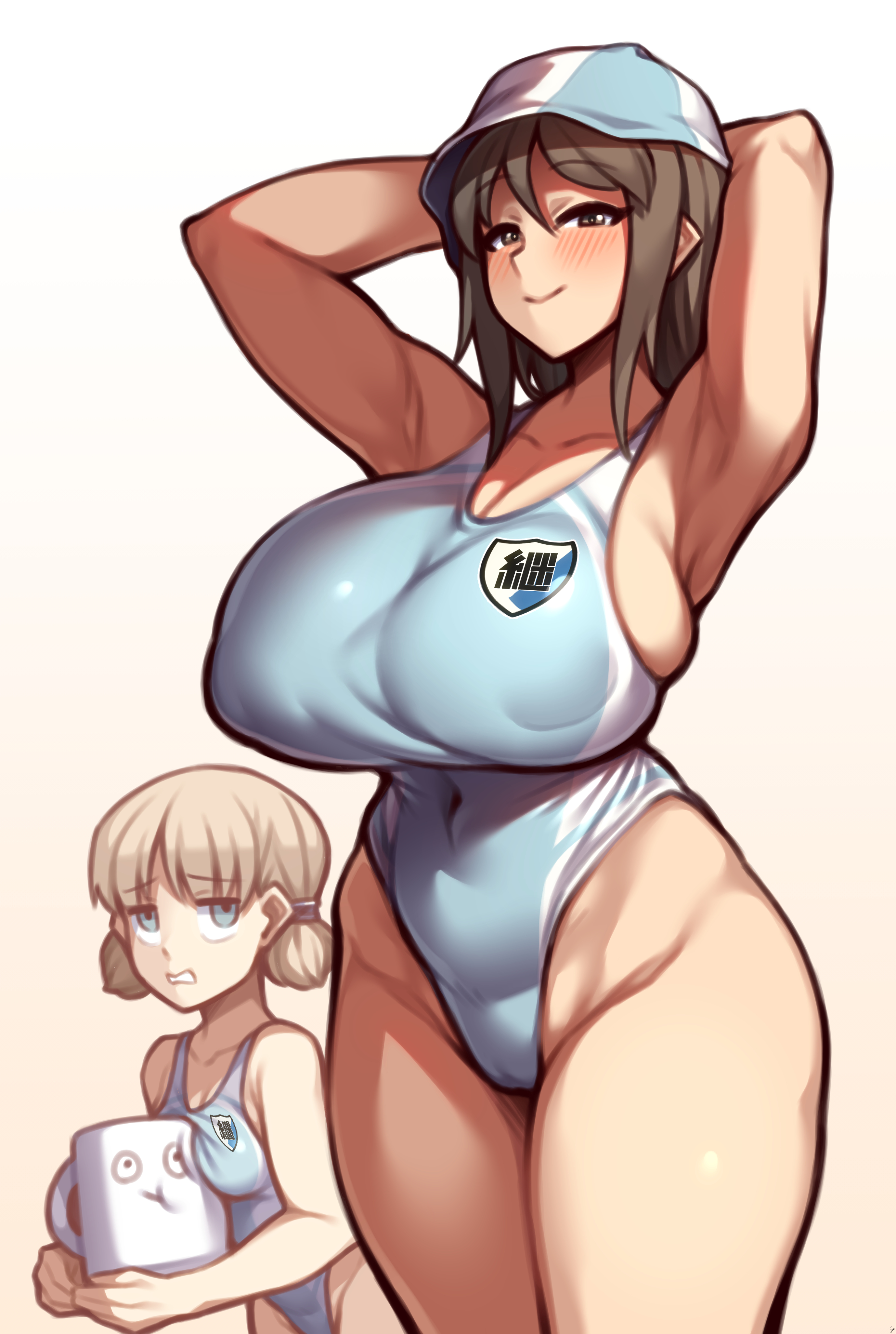 2girls, alternate breast size, armpits, big breasts, blush, breasts, brown hair, coffeelove68, eye contact, female, female only, girls und panzer, huge breasts, light skin, long hair, looking at viewer, mika (girls und panzer), smile, standing, swimsuit, thick thighs, thighs, wide hips