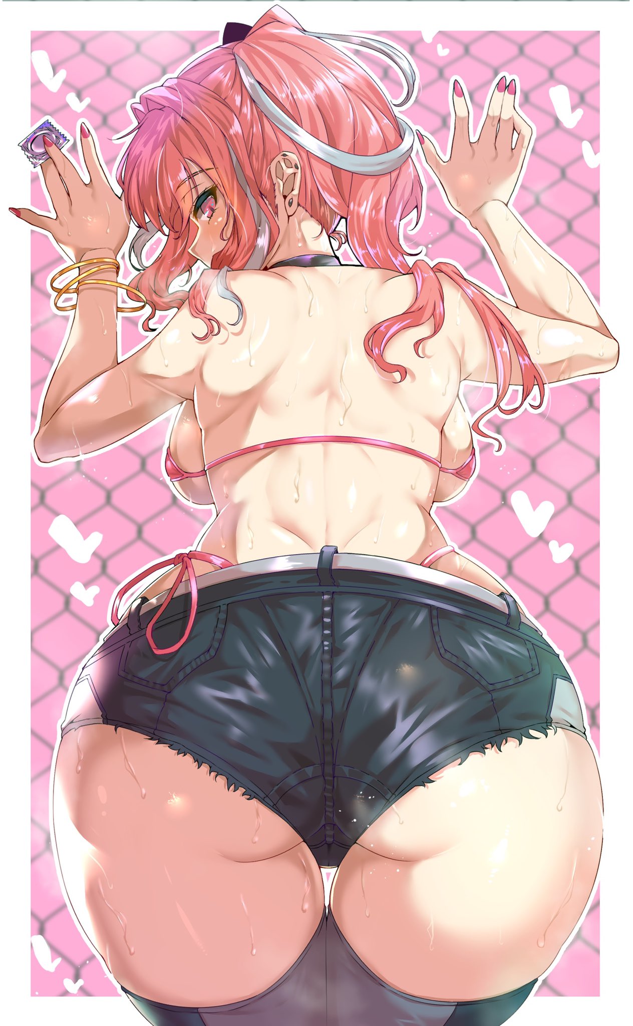 1girls, 2022, ass, ass focus, azur lane, back, back view, backboob, bikini top, booty shorts, breasts, bremerton (azur lane), condom, eagle union (azur lane), female, female only, hips, holding object, huge ass, huge breasts, light skin, light-skinned female, long hair, pink eyes, pink hair, short shorts, shorts, slim waist, thick thighs, thighs, twintails, unopened condom wrapper, wakura (gcdan), wide hips