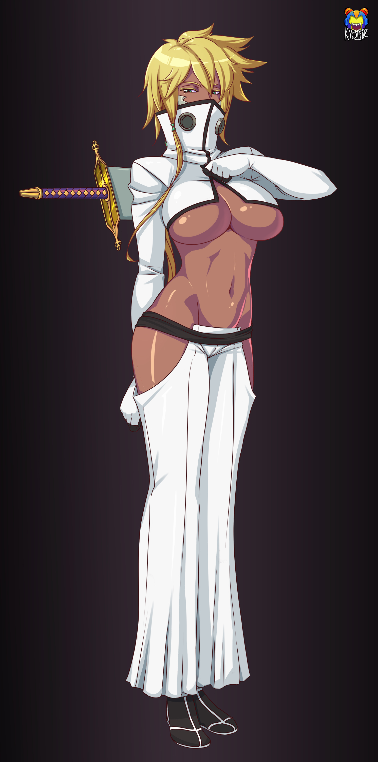 1girls, bleach, breasts, cleavage, clothed, clothing, dark skin, dark-skinned female, female, innie pussy, kyoffie, large breasts, nipples, nude, pussy, solo, standing, tia harribel
