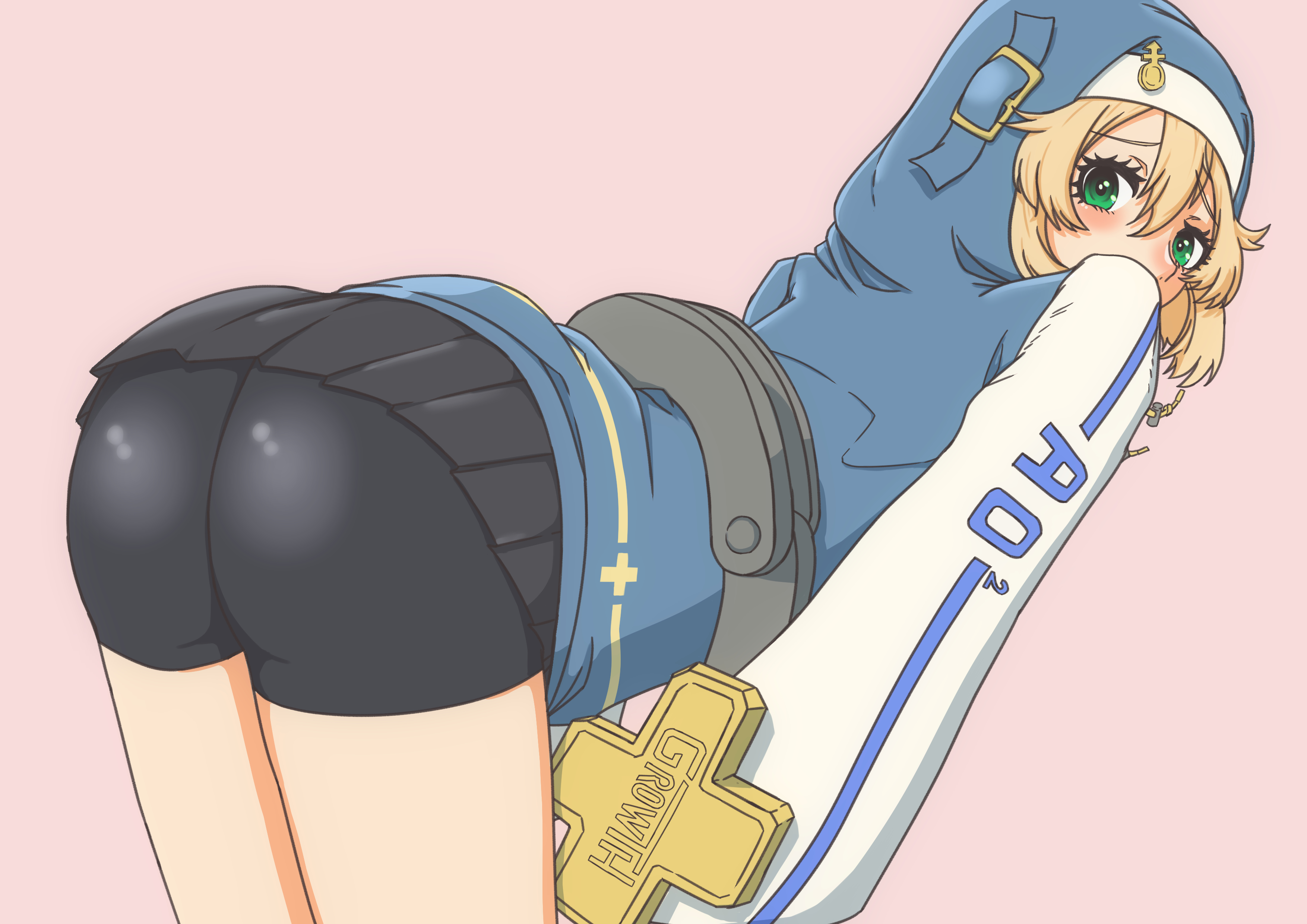 1boy, androgynous, ass, ass focus, ass up, bending over, bent over, bike shorts, blonde hair, blush, bridget, canon crossdressing, compression shorts, etake, eye contact, femboy, feminine male, fully clothed, girly, green eyes, guilty gear, guilty gear strive, hoodie, light skin, long hair, looking at viewer, male, male nun, male only, nun's habit, otoko no ko, pleated skirt, shorts, solo, solo male, spandex shorts