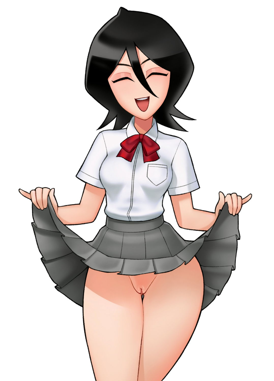 1girls, black hair, bleach, blush, bottomless, bottomless skirt, breasts, closed eyes, female, female only, kuchiki rukia, lifted by self, lifting skirt, loodncrood, no panties, no panties under skirt, presenting pussy, pussy, school uniform, schoolgirl, short hair, skirt, skirt lift, solo, solo female, standing, thighs, white background