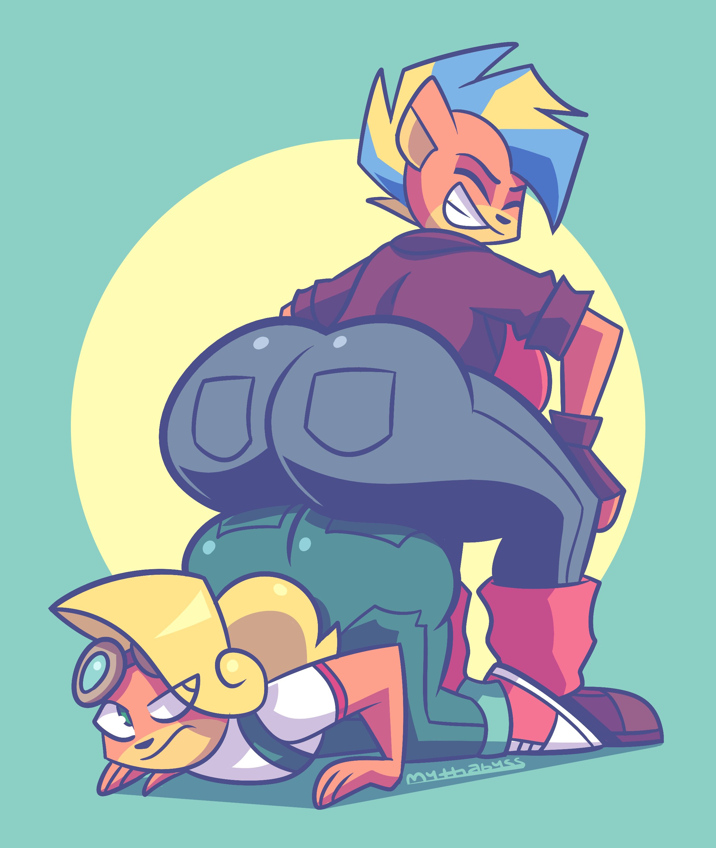 2girls, activision, all fours, anthro, ass, ass to ass, bandicoot, big ass, blonde hair, bubble ass, bubble butt, clothing, coco bandicoot, crash (series), female, female only, huge ass, mythabyss, overalls, pirate tawna, sitting, sitting on ass, smile, smug, squatting, tawna bandicoot, tawna bandicoot (crash 4)