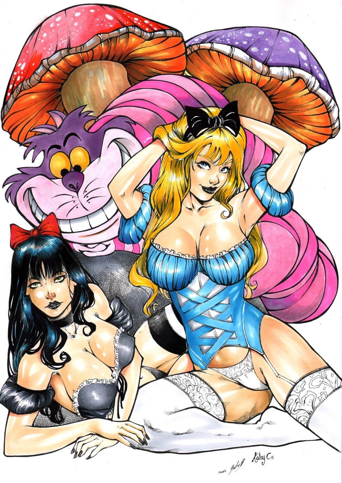 2girls alice_(wonderland) alice_in_wonderland alice_in_wonderland_(zenescope) alice_liddell big_breasts black_hair blonde_hair bulging_breasts busty cheshire_cat corset_piercing crossover curvaceous curvy_female curvy_figure ed_benes_studio ednardo_ferreira female_focus female_only kaloy_costa_(artist) long_hair milf multiple_girls seductive_look snow_white_and_the_seven_dwarfs voluptuous voluptuous_female white_garter_straps white_panties white_stockings zenescope zenescope_entertainment