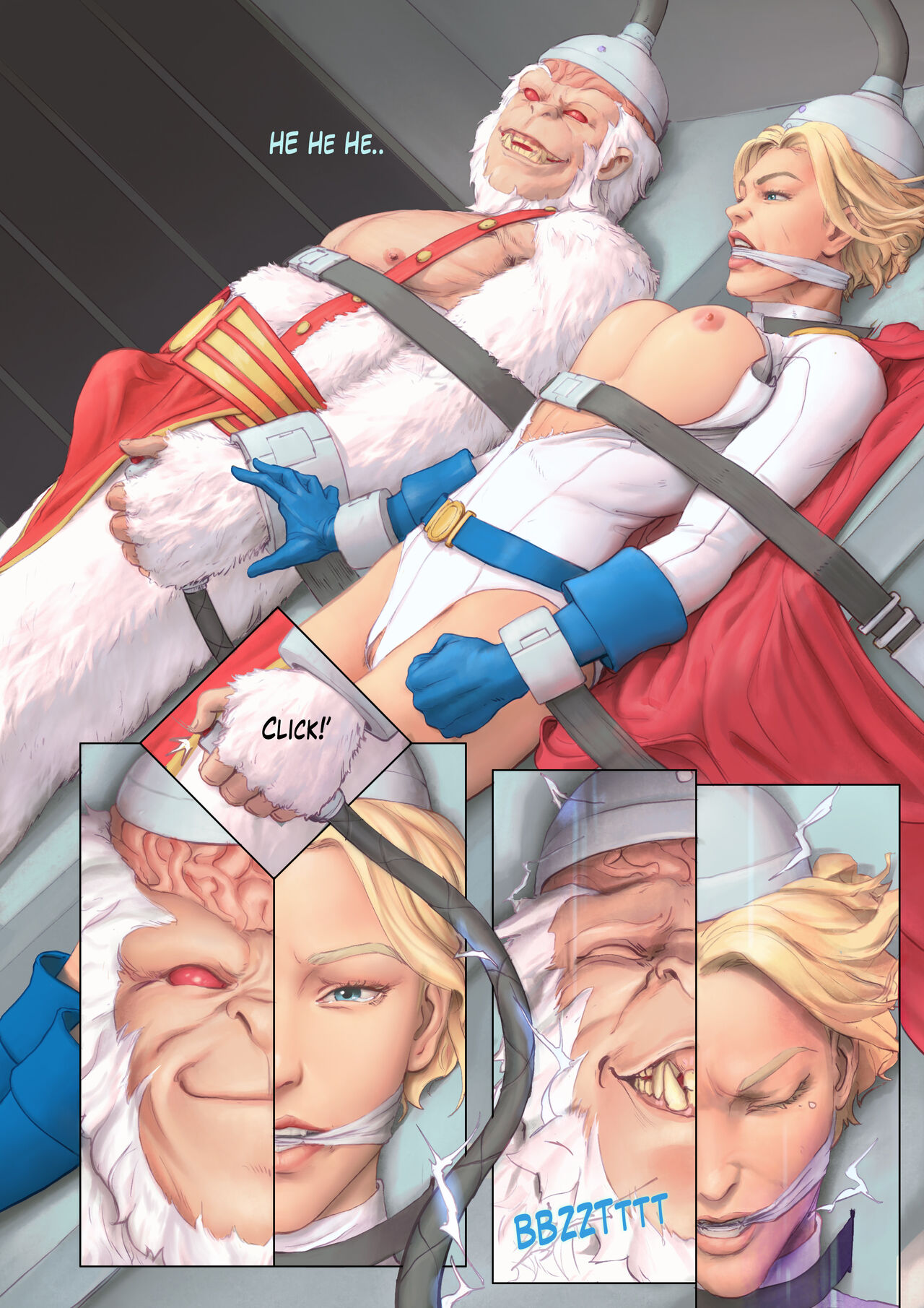 1boy 1girls bad_end big_breasts blonde_hair blue_eyes body_swap captured_superheroine cleave_gag cuncyun dc dc_comics defeated_superheroine doomed_superheroine exposed_nipples functionally_nude_female helpless_superheroine kryptonian mind_swap power_girl stationary_restraints superheroine_bondage torn_costume torture tragic_fate ultra-humanite weeping