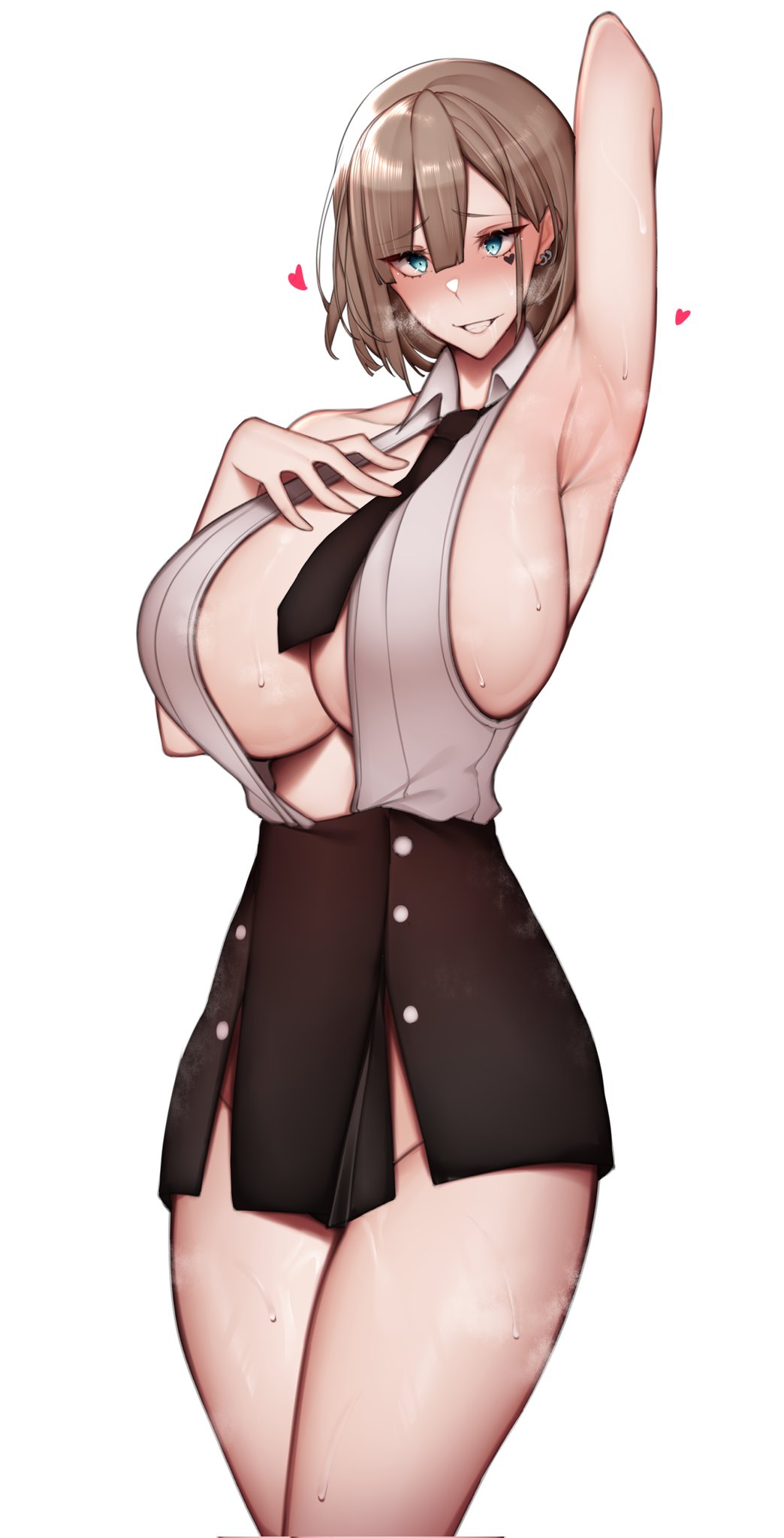 1girls, 2022, arm up, armpits, big breasts, blouse, blue eyes, breasts, brown hair, cleavage, commission, drooling, earrings, eyelashes, eyeliner, female, female only, heart, hi res, hips, huge breasts, light skin, light-skinned female, makeup, medium hair, miniskirt, original, original character, saliva, shirt, short hair, sideboob, skirt, slim waist, solo, sweat, thick thighs, thighs, unbeller, wide hips