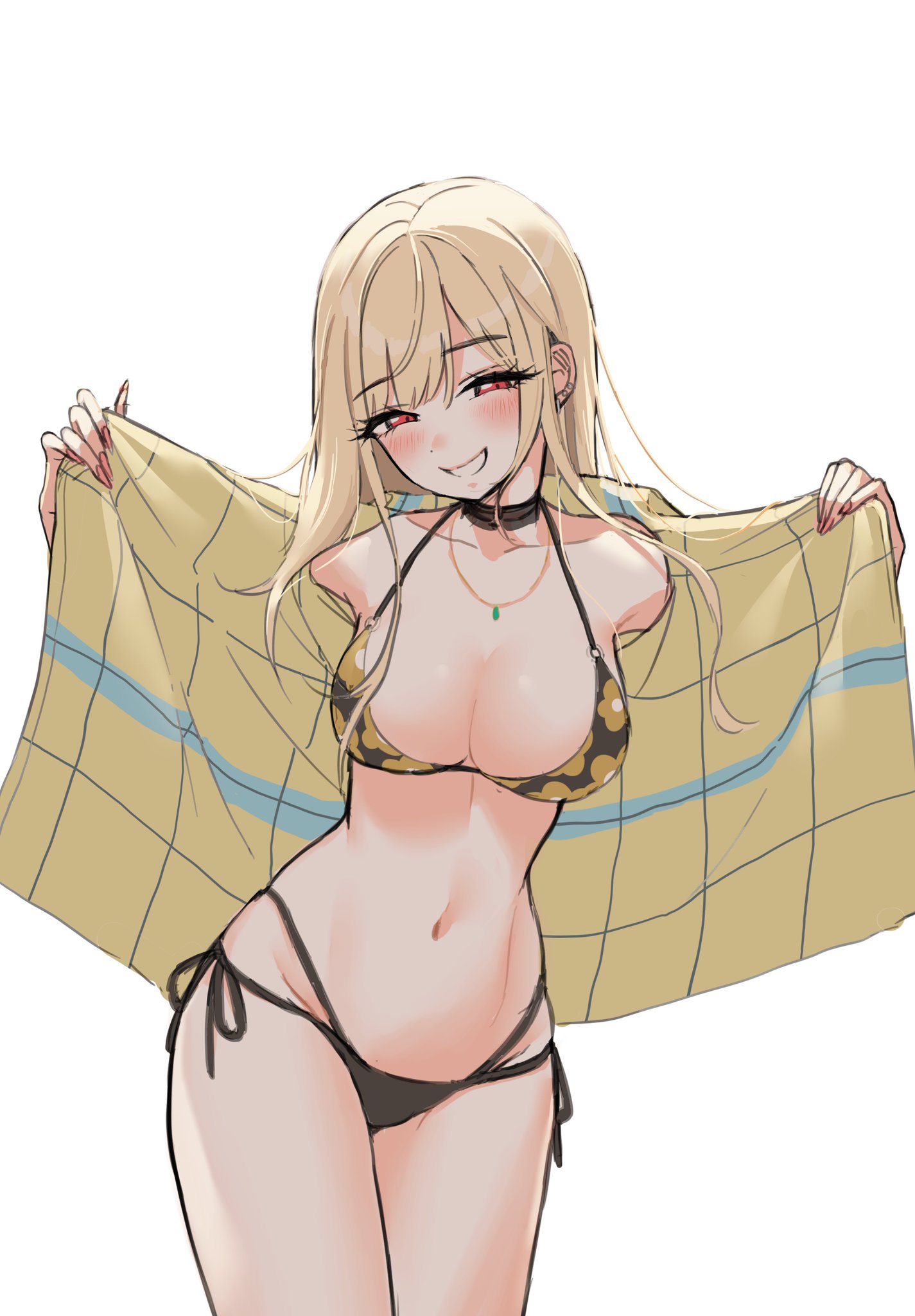 1girls, artist request, big breasts, bikini bottom, bikini top, blonde hair, breasts, curvaceous, curvy body, curvy female, curvy figure, female, kitagawa marin, long hair, looking at viewer, opened shirt, smiling at viewer, solo female, sono bisque doll wa koi wo suru, tagme, voluptuous, voluptuous female