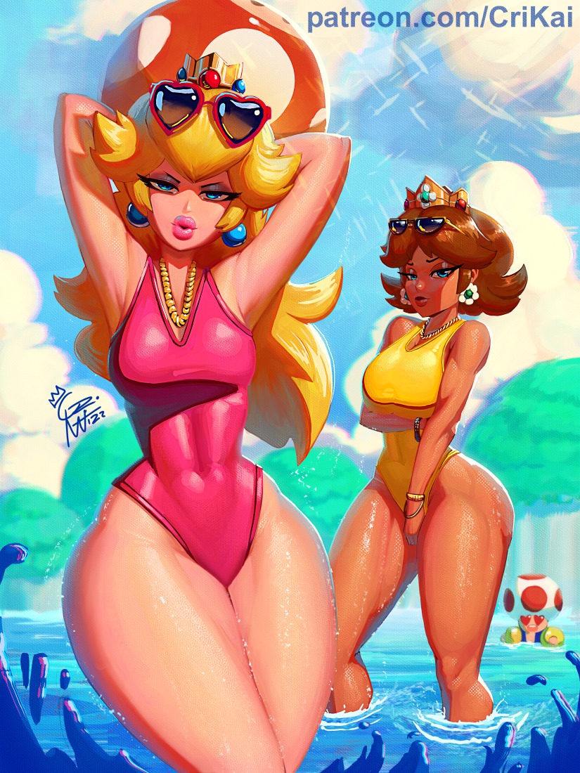 crimson kaiserin, female, long hair, looking at viewer, mario (series), nintendo, princess daisy, princess peach, seductive, short hair, super mario bros., swimming, swimming pool, tanned, toad (mario), water, wide hips