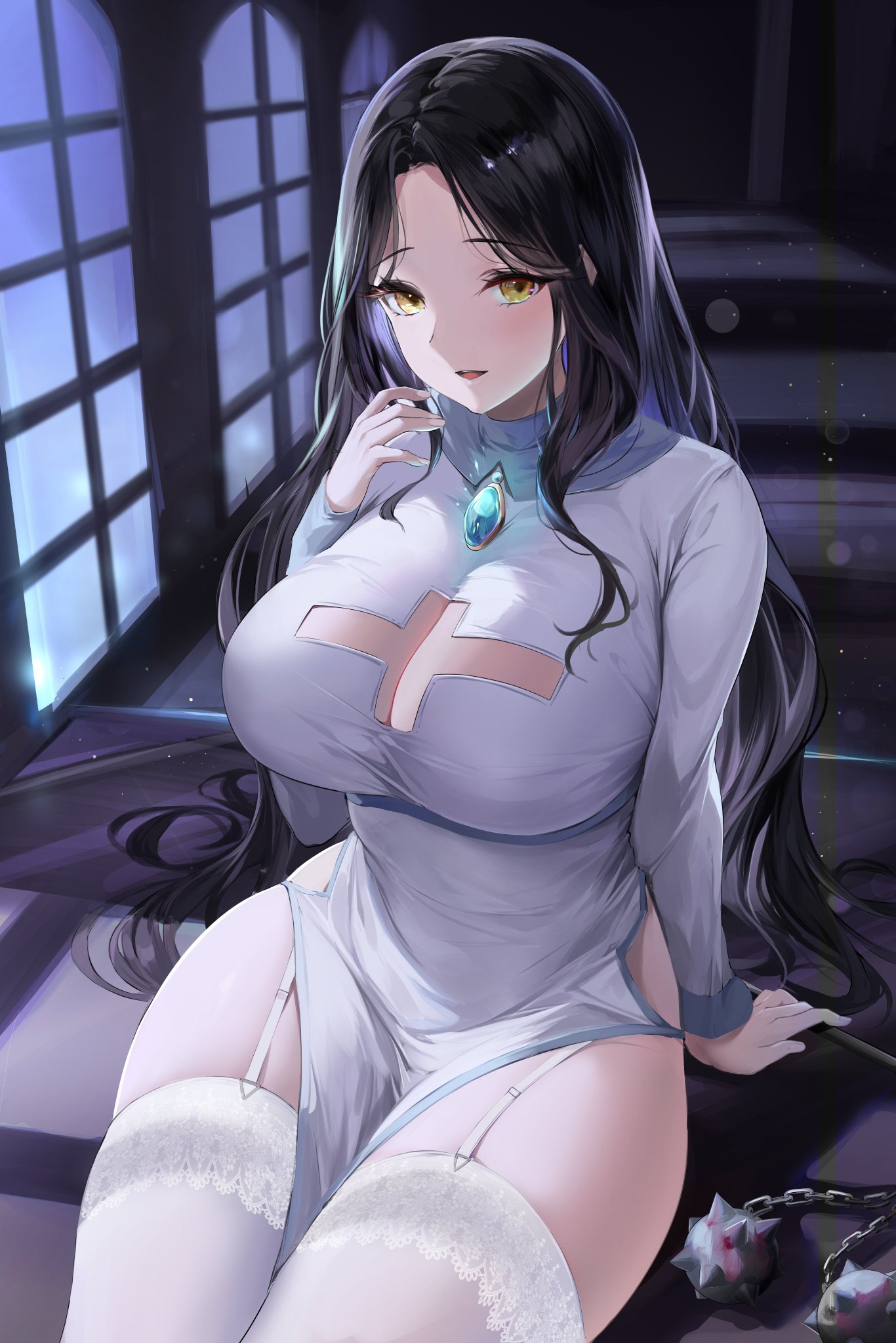 1girls, artist request, bedroom eyes, big breasts, black hair, breasts, cleavage, cleavage cutout, dress, female, garter straps, huge breasts, looking at viewer, nun's habit, thick thighs, thighhighs, tight clothing, tight dress, wide hips, yellow eyes