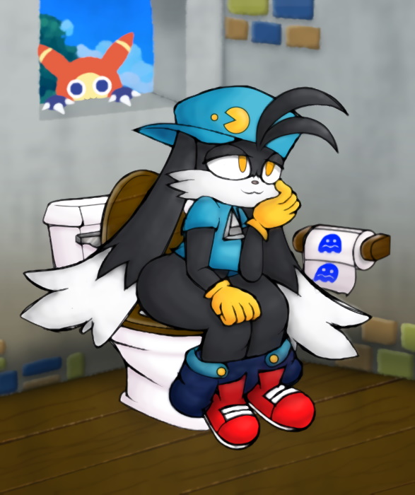 ambiguous_gender anthro ass bathroom big_butt black_body black_fur bodily_fluids bottomwear bottomwear_down clothed clothing domestic_cat drowsy duo felid feline felis fur holding_head implied_scat klonoa klonoa_(series) male mammal moo_(klonoa) on_toilet pants pants_down partially_clothed pooping privy relieved seat sitting smile toilet toilet_bowl toilet_paper toilet_use video_games voyeur wide_hips window