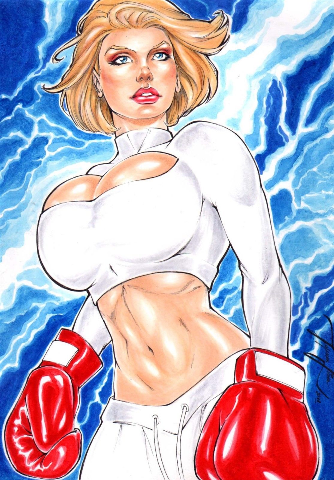 1girls big_breasts blonde_hair blue_eyes boxing_gloves breasts bulging_breasts cleavage curvaceous curvy_body curvy_female curvy_figure dc dc_comics ed_benes_studio female female_only fit_female gloves jeferson_lima justice_society_of_america karen_starr light-skinned_female light_skin lips lipstick long_sleeves looking_at_viewer midriff milf power_girl red_boxing_gloves red_gloves red_lipstick short_hair solo solo_female voluptuous_female