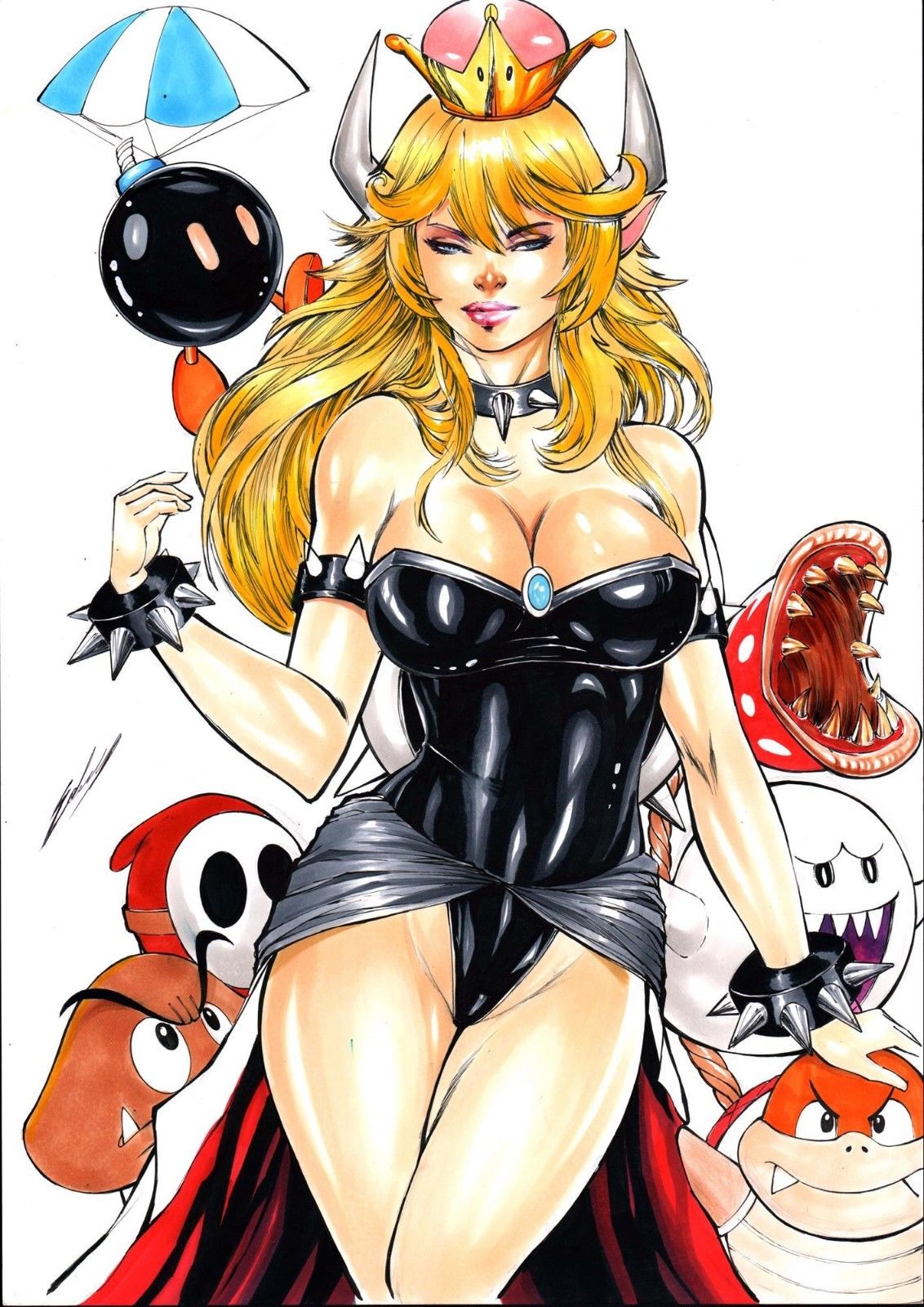 1girls big_breasts black_suit blonde blonde_hair bob-omb boo_(mario) boom_boom_(mario) bowsette bulging_breasts ed_benes_studio ednardo_ferreira female_focus goomba latex_suit light-skinned_female long_hair looking_at_viewer mario_(series) milf new_super_mario_bros._u_deluxe nintendo pale-skinned_female piranha_plant shy_guy solo_focus super_mario_bros. tagme