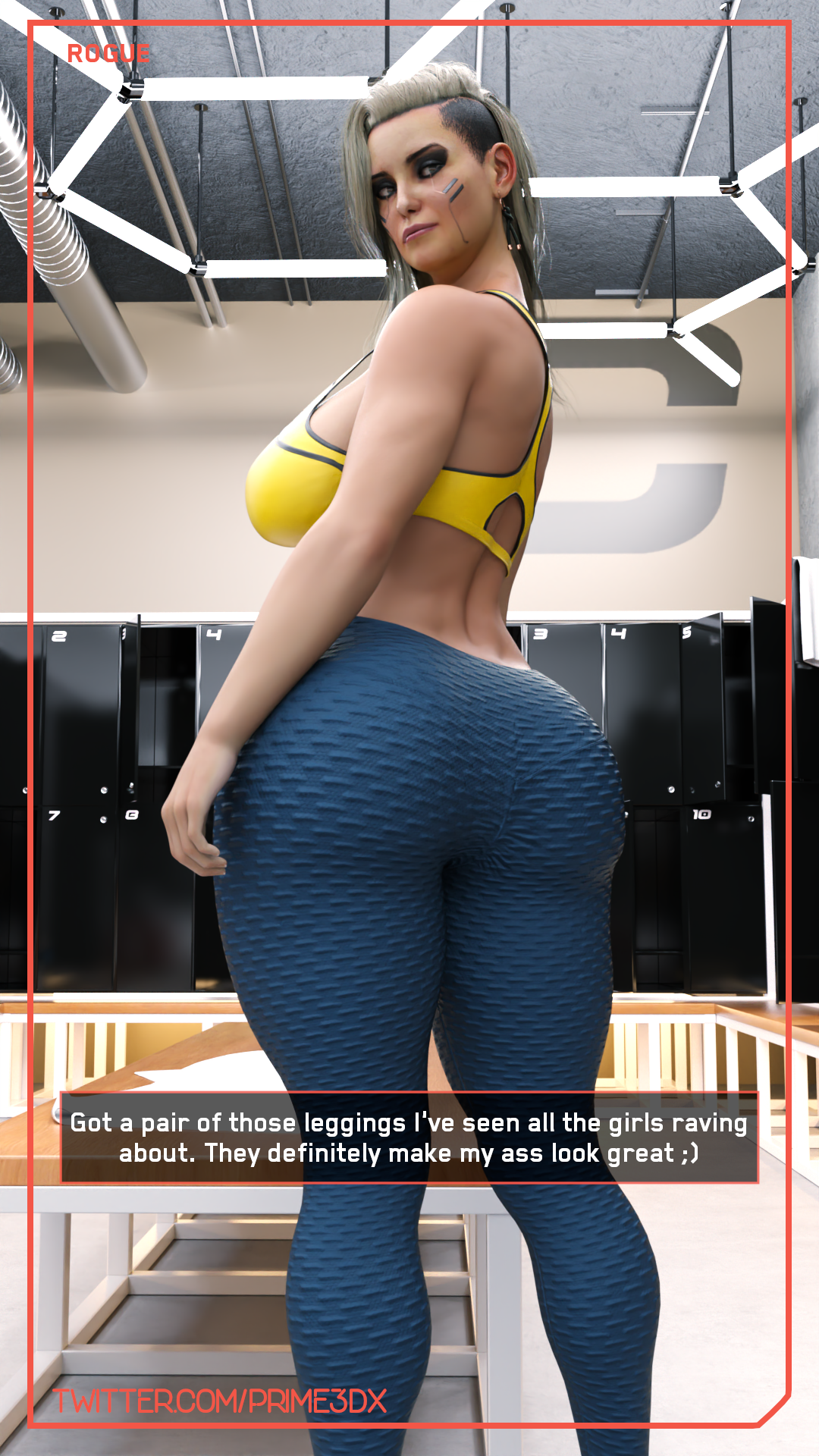 1girls, 3d, 3d (artwork), ass, back view, big ass, big butt, breasts, bubble ass, bubble butt, child bearing hips, cyberpunk 2077, fat ass, female, gilf, grey hair, gym, gym clothes, huge ass, large ass, looking at viewer, looking back, makeup, mature female, milf, muscular, muscular female, muscular thighs, pose, posing, prime3dx, rogue amendiares, round ass, selfie, sideboob, solo, text, thick, thick ass, thick hips, thick thighs, tight clothing, voluptuous, wide hips