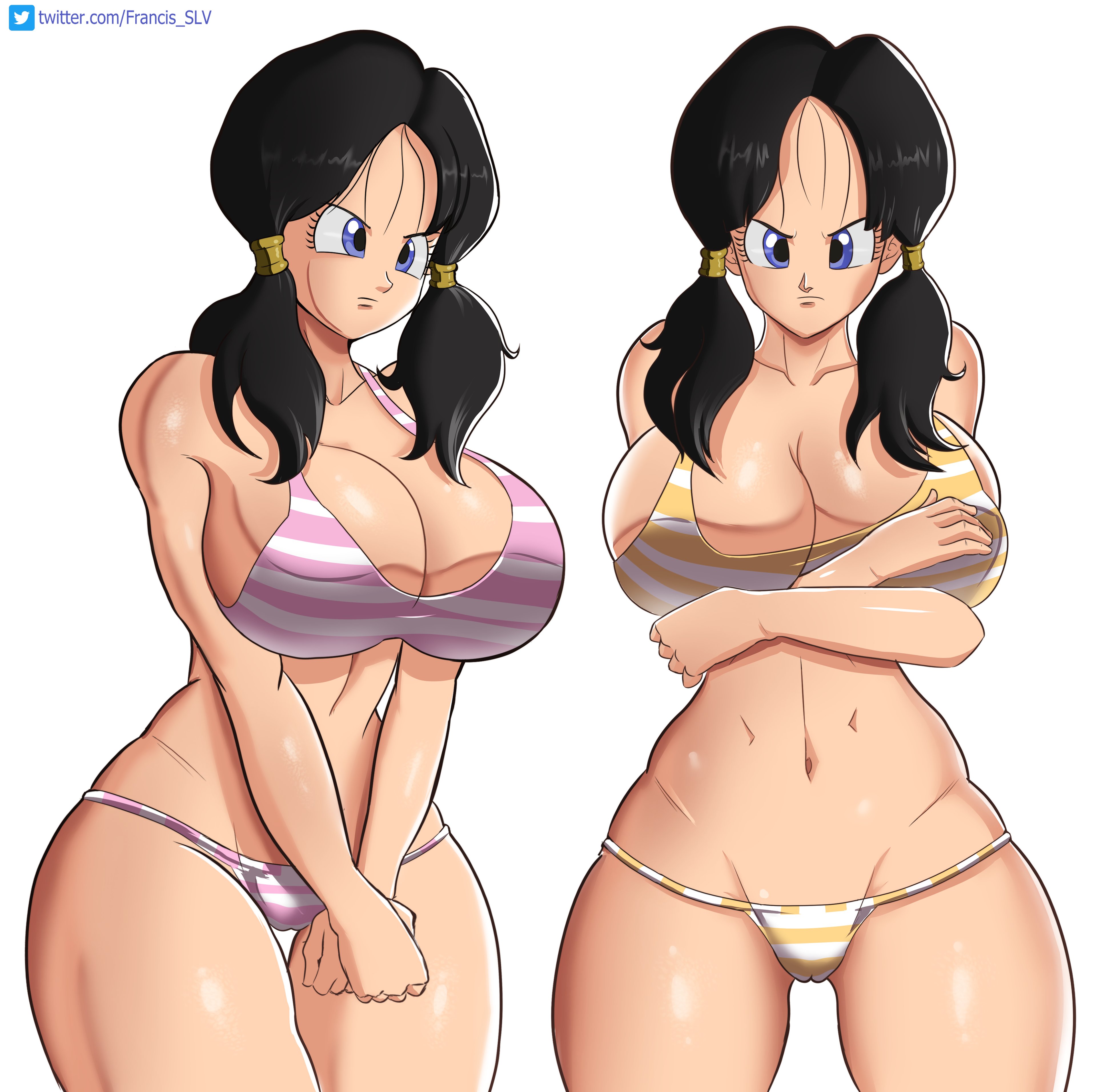 1girls, 2022, arms crossed, arms crossed over breasts, arms crossed under breasts, arms under breasts, artist name, bangs, belly button, big boobs, big breasts, bikini, bikini bottom, bikini top, black hair, black-haired female, blue eyes, blue-eyed female, boobs, breasts, busty, cleavage, dragon ball, dragon ball z, eyelashes, female, female only, francis slv, large breasts, looking at viewer, navel, pigtails, pussy, pussy visible through clothes, slim waist, solo, solo female, striped bikini, striped bikini bottom, striped bikini top, teenage female, teenager, thick, thick thighs, thighs, twintails, twitter username, videl, white background, wide hips