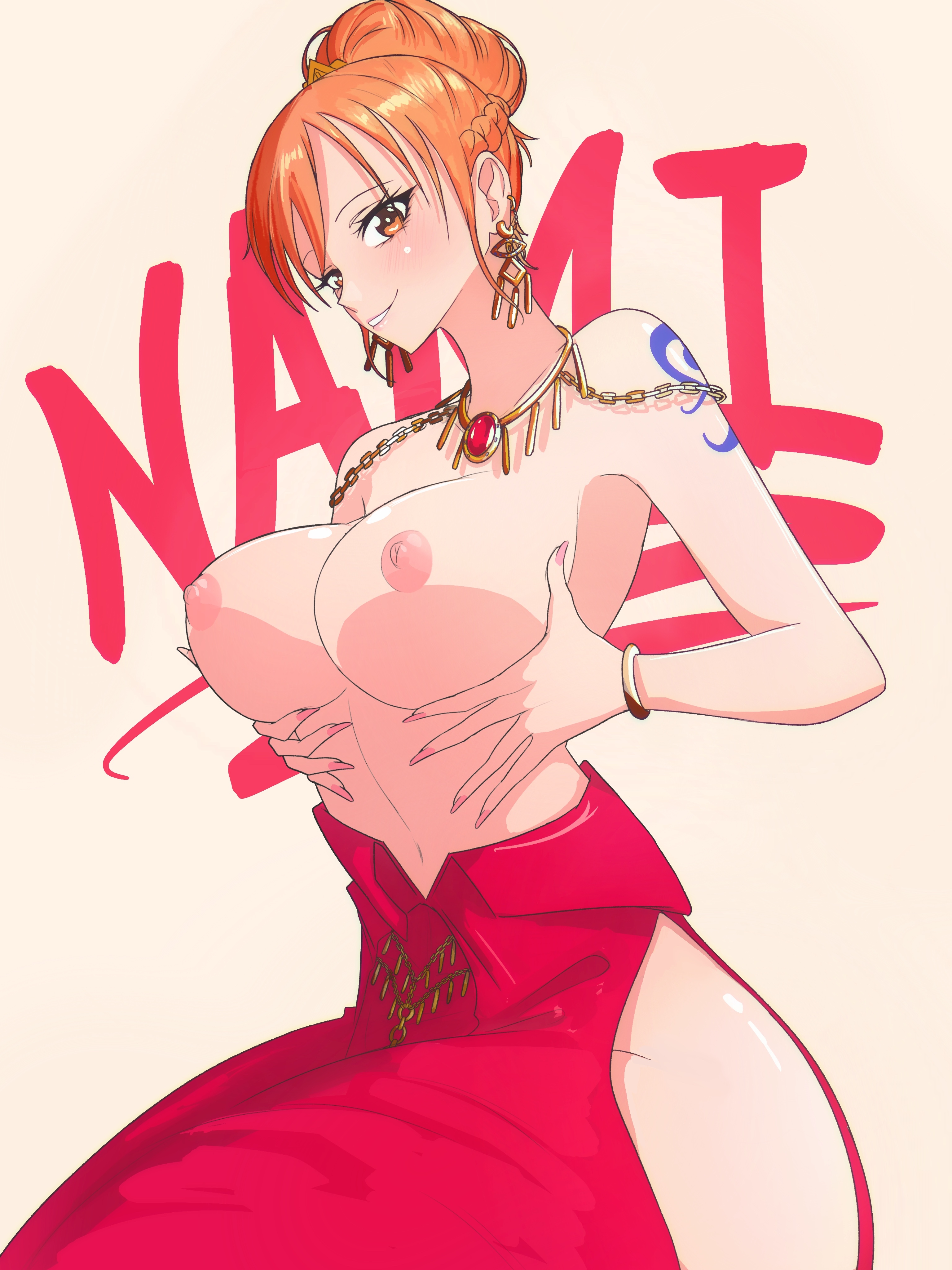 1girls, arm tattoo, big breasts, blue tattoo, breasts, clothing, dress, female, female only, long hair, nami (one piece), one piece, opalisart, orange hair, orange-haired female, post-timeskip, solo female, tattoo