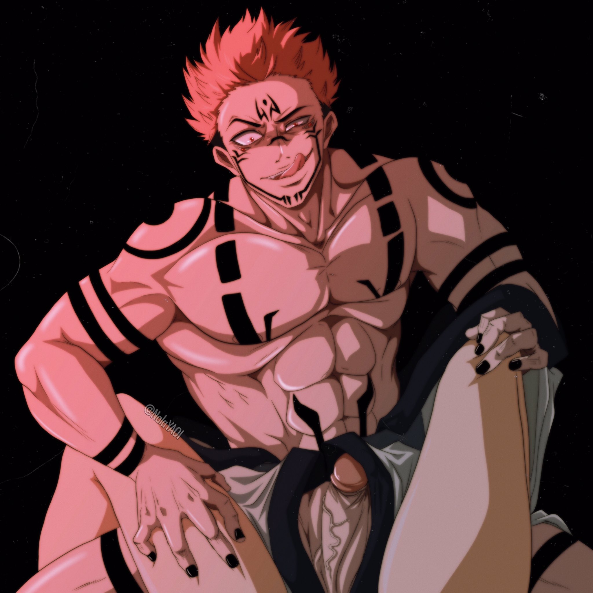 :q, 2boys, abs, arm tattoo, black nails, chest tattoo, erection, facial tattoo, fushiguro megumi, gay, imminent penetration, japanese clothes, jujutsu kaisen, kimono, leg tattoo, male, male focus, male only, male/male, multi arm, multi limb, multiple boys, multiple males, muscular, muscular male, nail polish, nala1588, naughty face, pectorals, penis, pink hair, red eyes, ryoumen sukuna (jujutsu kaisen), short hair, shoulder tattoo, spread legs, stomach tattoo, tattoo, tongue, tongue out, undressing, veins, veiny penis, yaoi