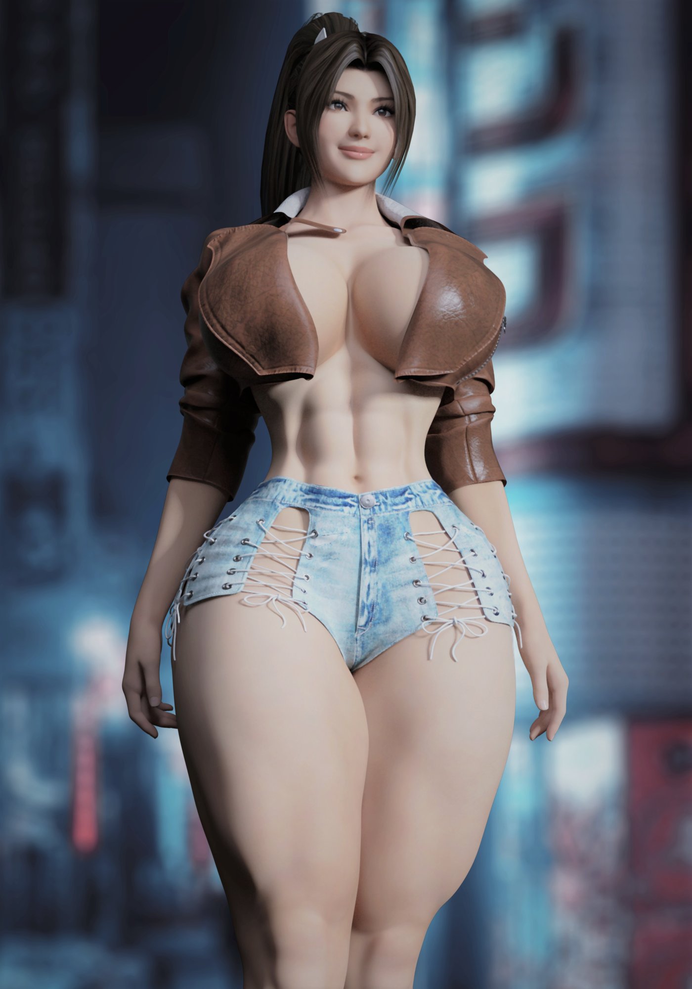 1girls, 3d, abs, audrix, big breasts, breasts, fatal fury, female, female only, king of fighters, mai shiranui, muscular, muscular female, open jacket, shorts, snk, solo female, tagme, thick thighs