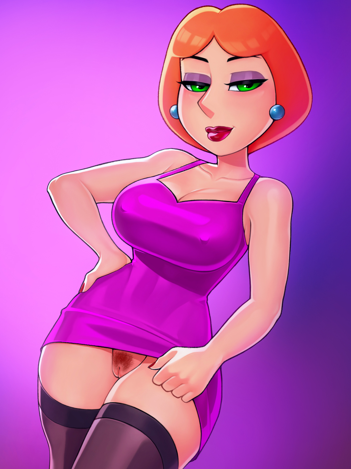 1girls, bare shoulders, big breasts, black legwear, black thighhighs, blush, bottomless, breasts, cleavage, clothed, clothing, collarbone, curvaceous, curvy, curvy figure, digital media (artwork), dress, dress lift, dutch angle, earrings, eye contact, eyelashes, eyeliner, eyeshadow, family guy, female, female only, green eyes, hair, half-closed eyes, hand on hip, hi res, highres, large breasts, legwear, light skin, light-skinned female, lipstick, lois griffin, loodncrood, looking at viewer, makeup, medium hair, milf, mother, nail polish, nipple bulge, nipple outline, no panties, orange hair, pubic hair, purple background, purple eyeshadow, pussy, red hair, red lipstick, red nails, short dress, simple background, smile, smiling, smiling at viewer, solo, solo female, standing, suggestive, suggestive look, thick thighs, thighhighs, thighs, tight clothing, vagina