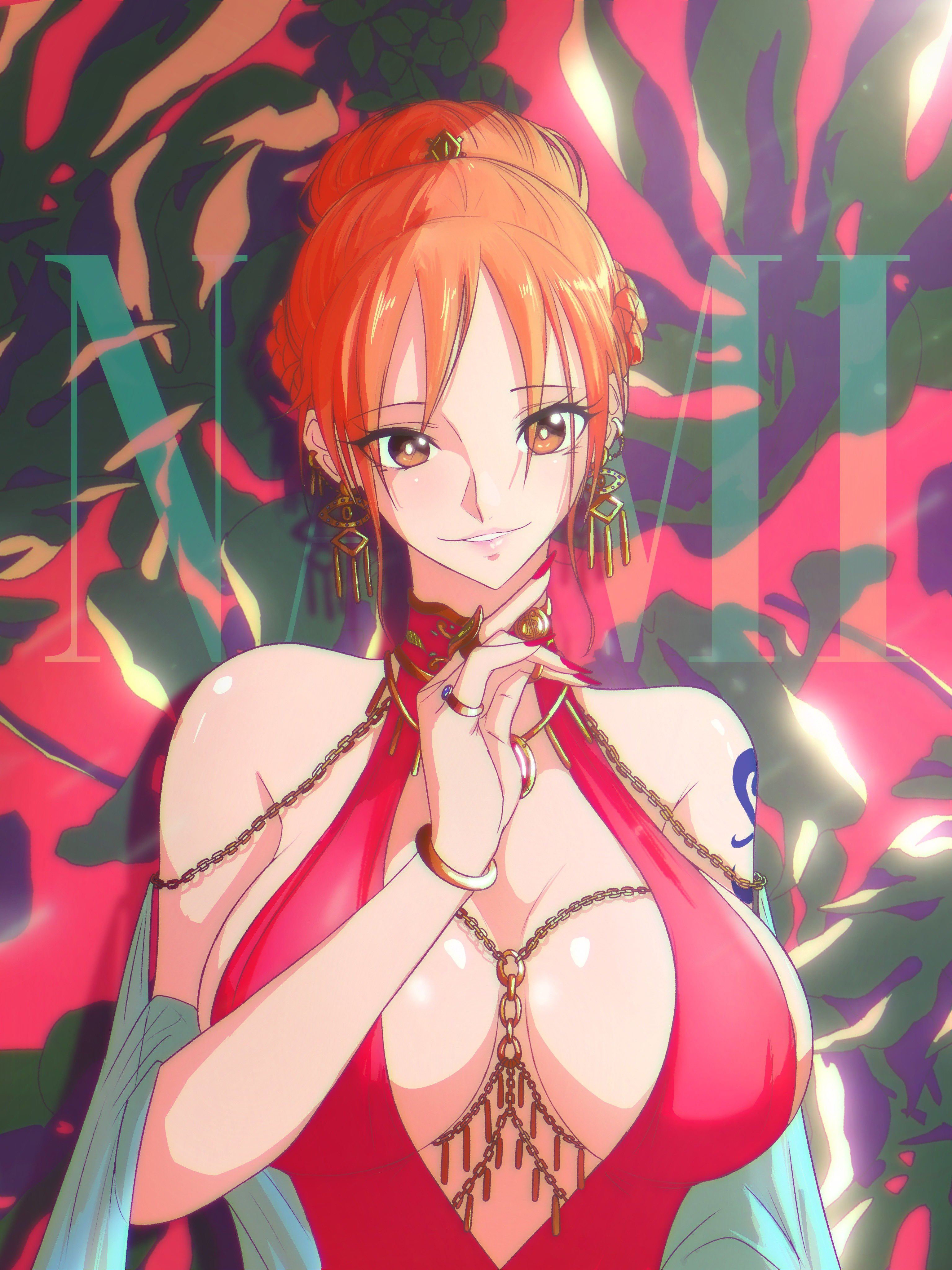 1girls, arm tattoo, big breasts, blue tattoo, breasts, cleavage, dress, female, female only, hair up, jewelry, long hair, nami (one piece), one piece, opalisart, orange hair, orange-haired female, red dress, solo female, tattoo