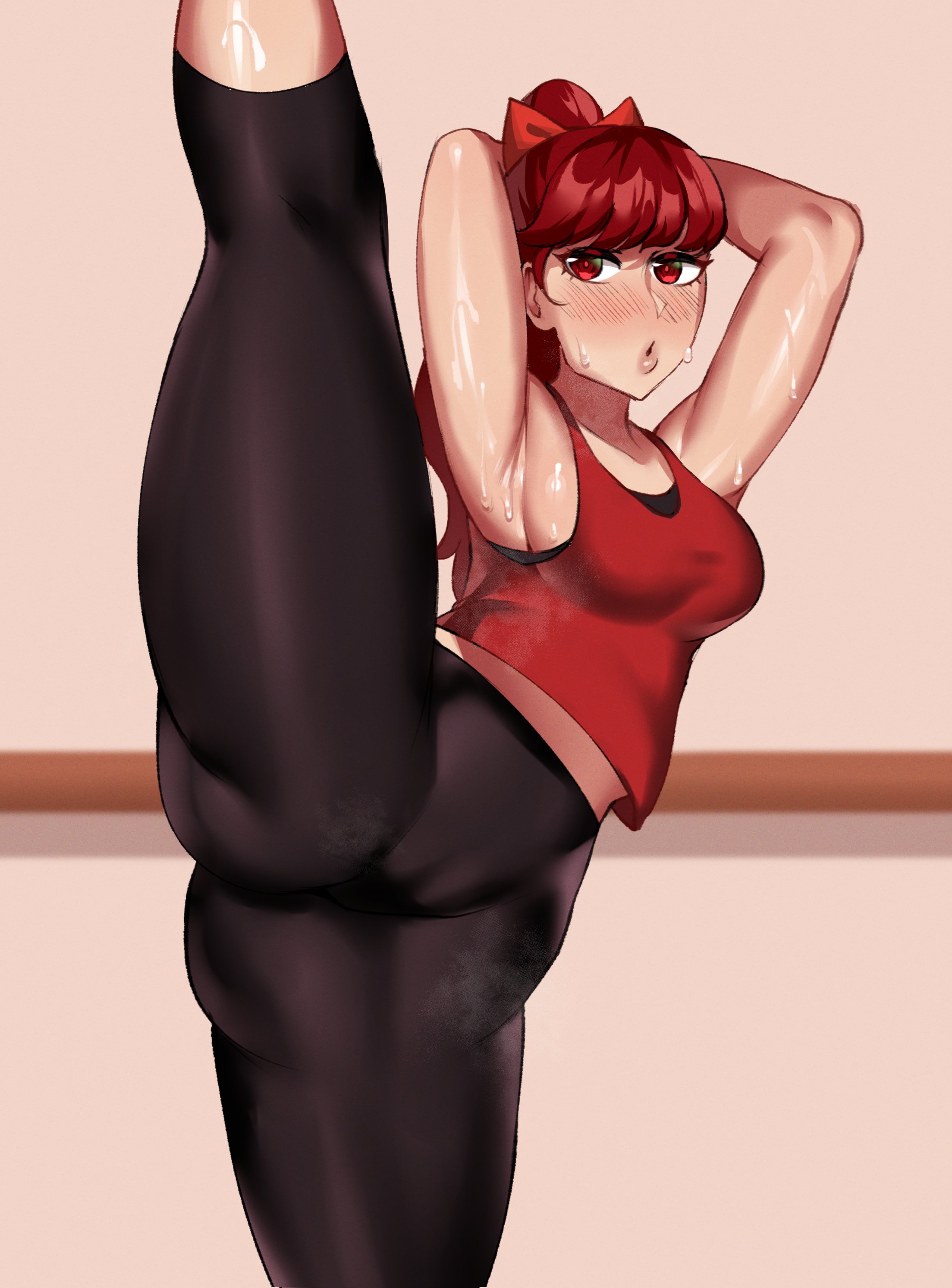 1girls, armpits, breasts, cameltoe, eye contact, female, female only, fitness, hair ribbon, kasumi yoshizawa, leg up, leggings, light skin, long hair, looking at viewer, persona, persona 5, persona 5 royal, pussy, red eyes, red hair, red head, solo, solo female, standing, standing on one leg, sumire yoshizawa, sweat, sweatdrop, sweaty body, thick thighs, thighs, wingedwasabi, yoga pants