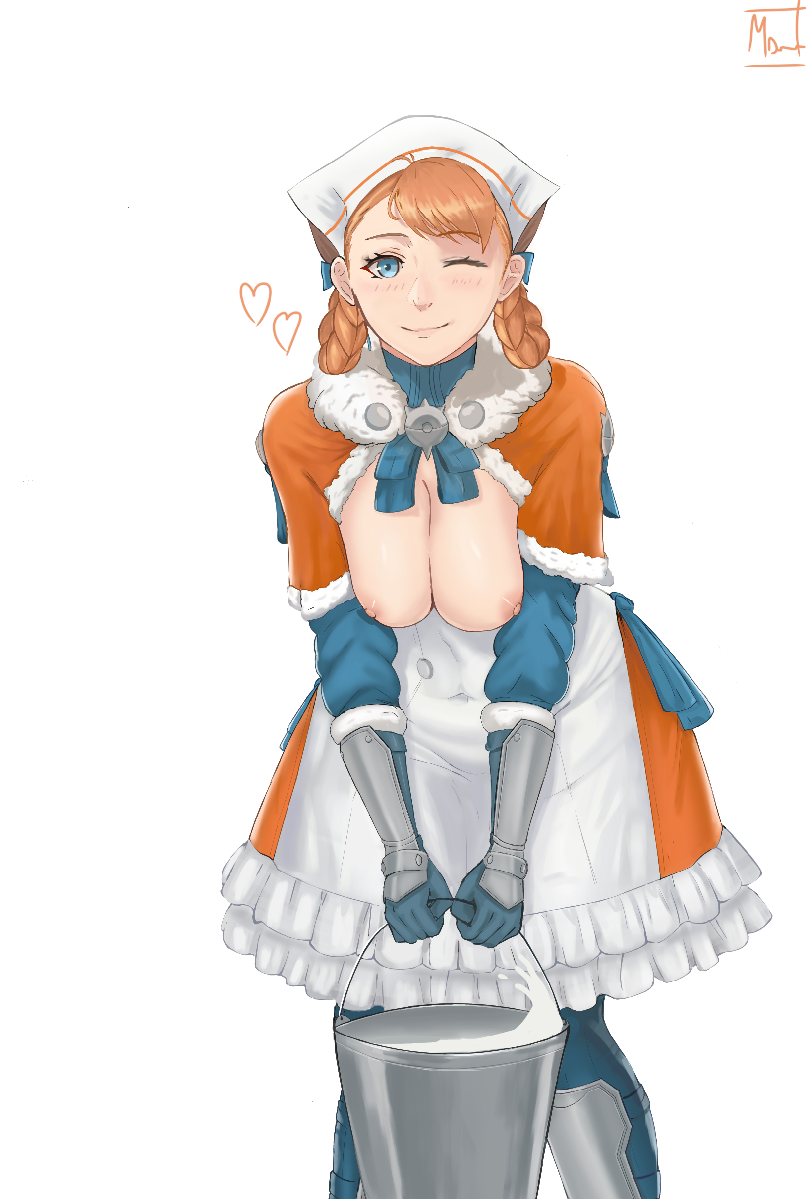 ;), 1girls, alternate costume, alternate hairstyle, annette fantine dominic, blue eyes, breasts, breasts out, bucket, female, female only, fire emblem, fire emblem warriors: three hopes, fire emblem: three houses, large breasts, looking at viewer, magdaleno0, milk, nintendo, nipples, official alternate costume, official alternate hairstyle, one eye closed, orange hair, short hair, smile, solo, white background, wink